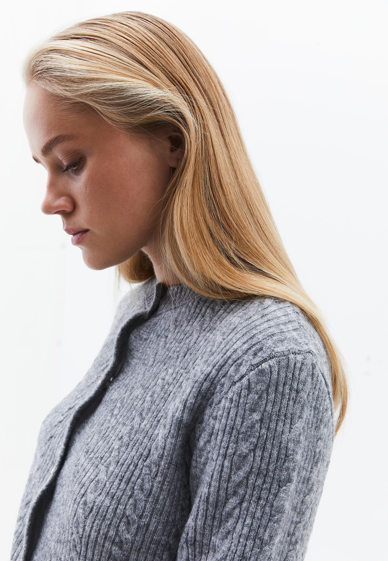 Crew Neck Cardigan With Knit Details - GREY MELANGE