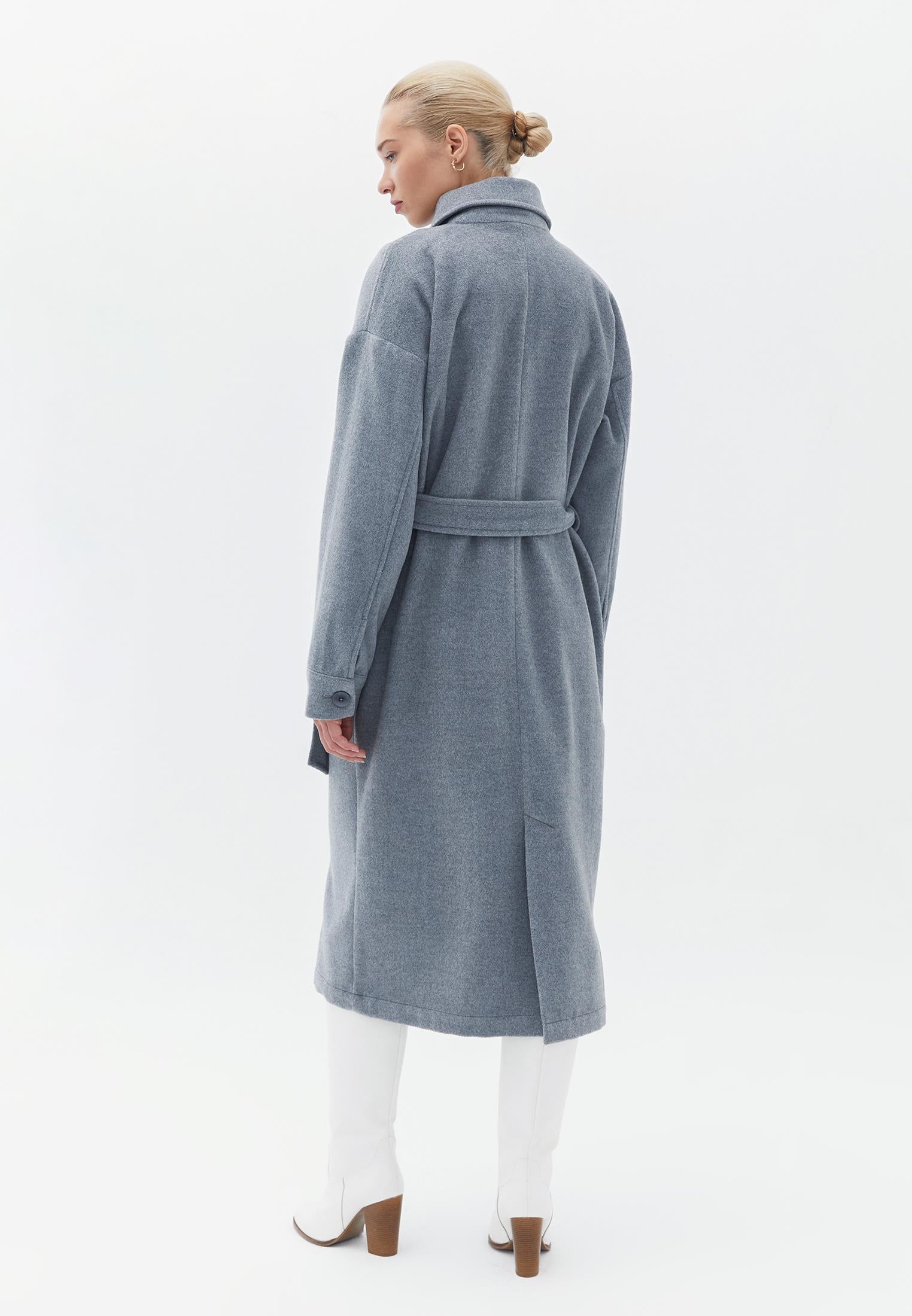 Long Loose Coat With Shirt Collar - GREY MELANGE