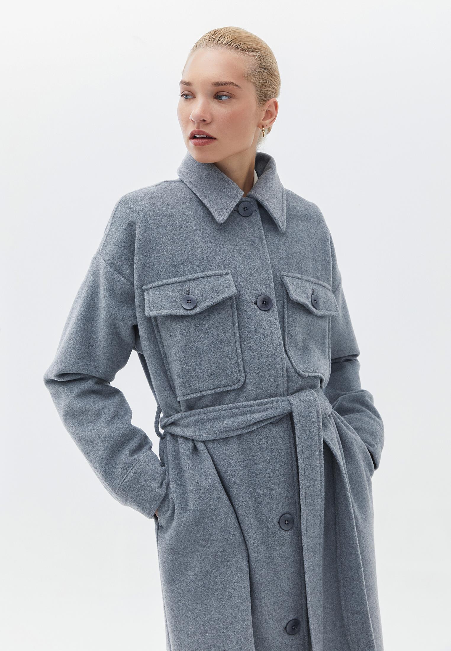 Long Loose Coat With Shirt Collar - GREY MELANGE