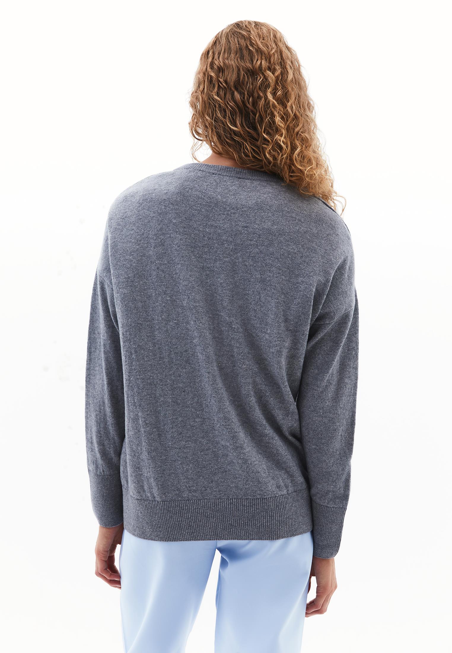 Long V-Neck Knit Sweater With Cashmere Blend - GREY MELANGE