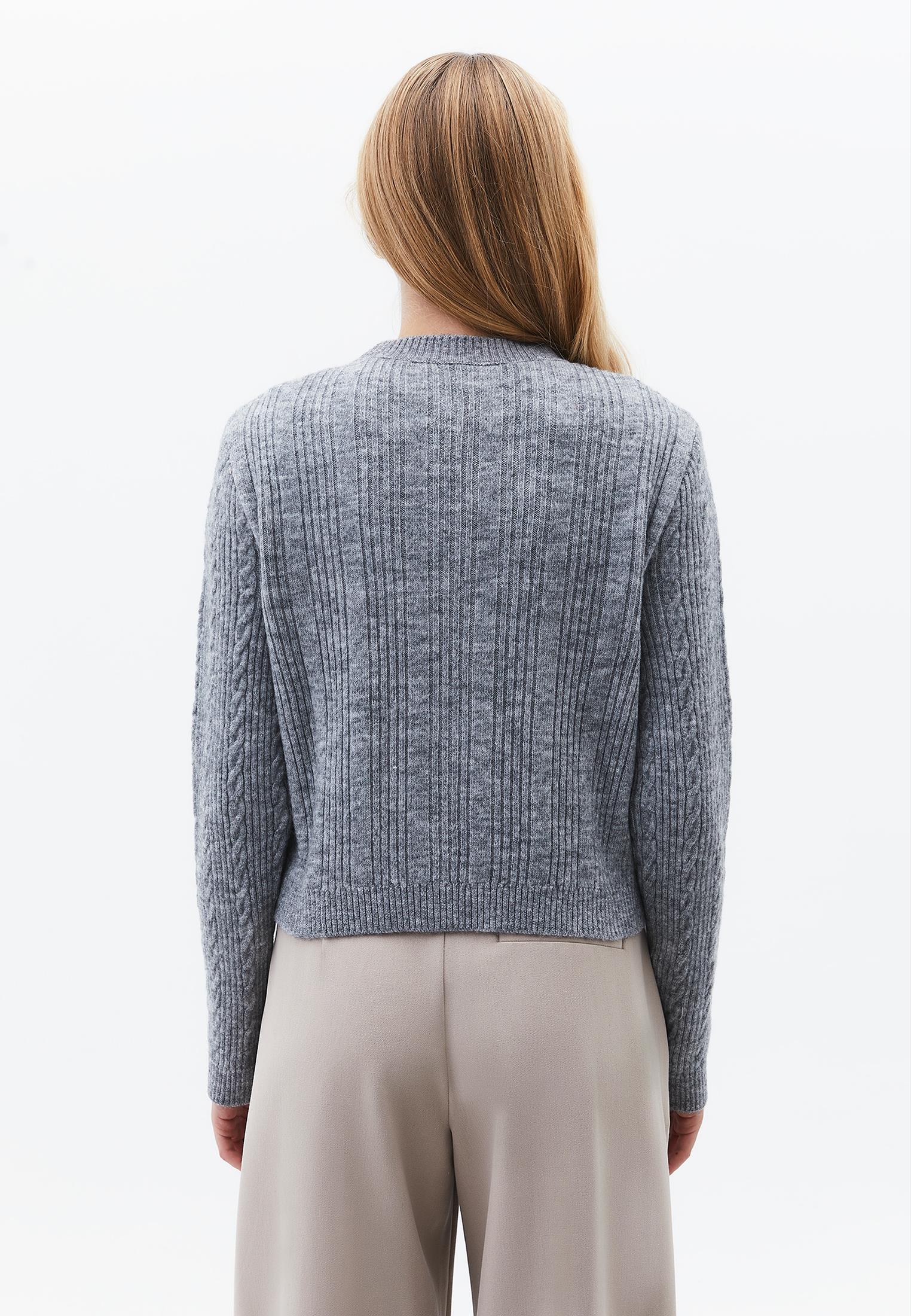 Crew Neck Cardigan With Knit Details - GREY MELANGE