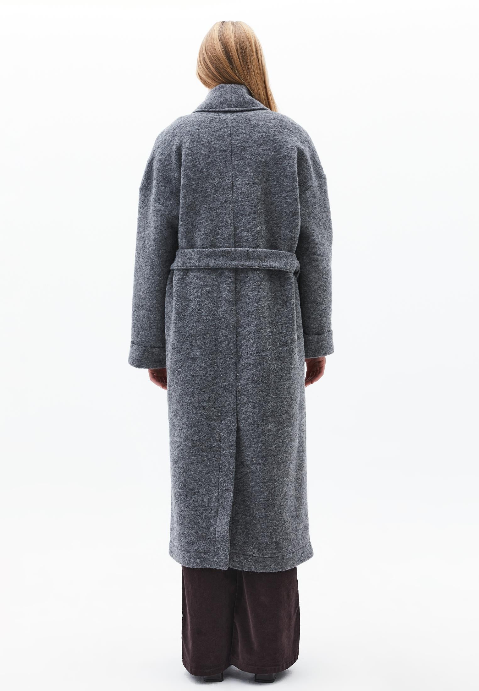 Long Coat With Shawl Collar And Belt Detail - GREY MELANGE