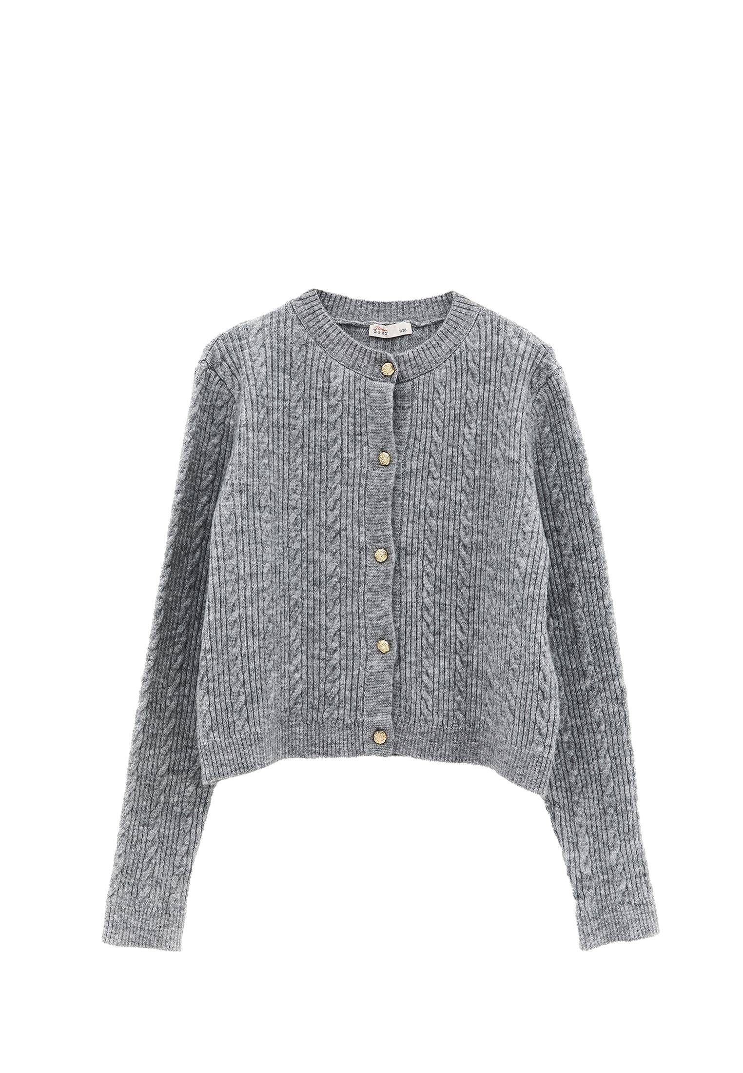 Crew Neck Cardigan With Knit Details - GREY MELANGE