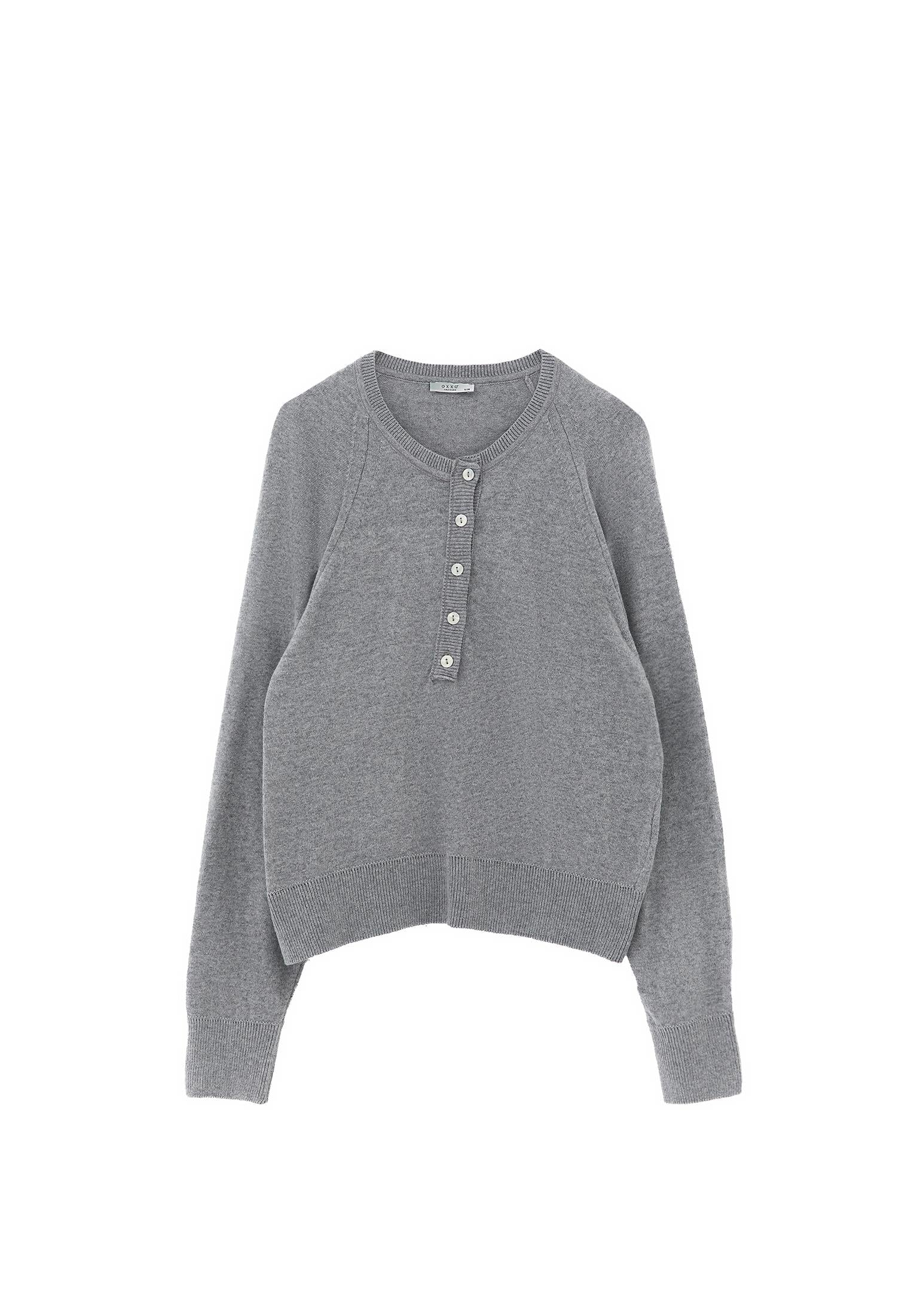 V Neck Raglan Sleeve Knit Sweater - GREY MELANGE