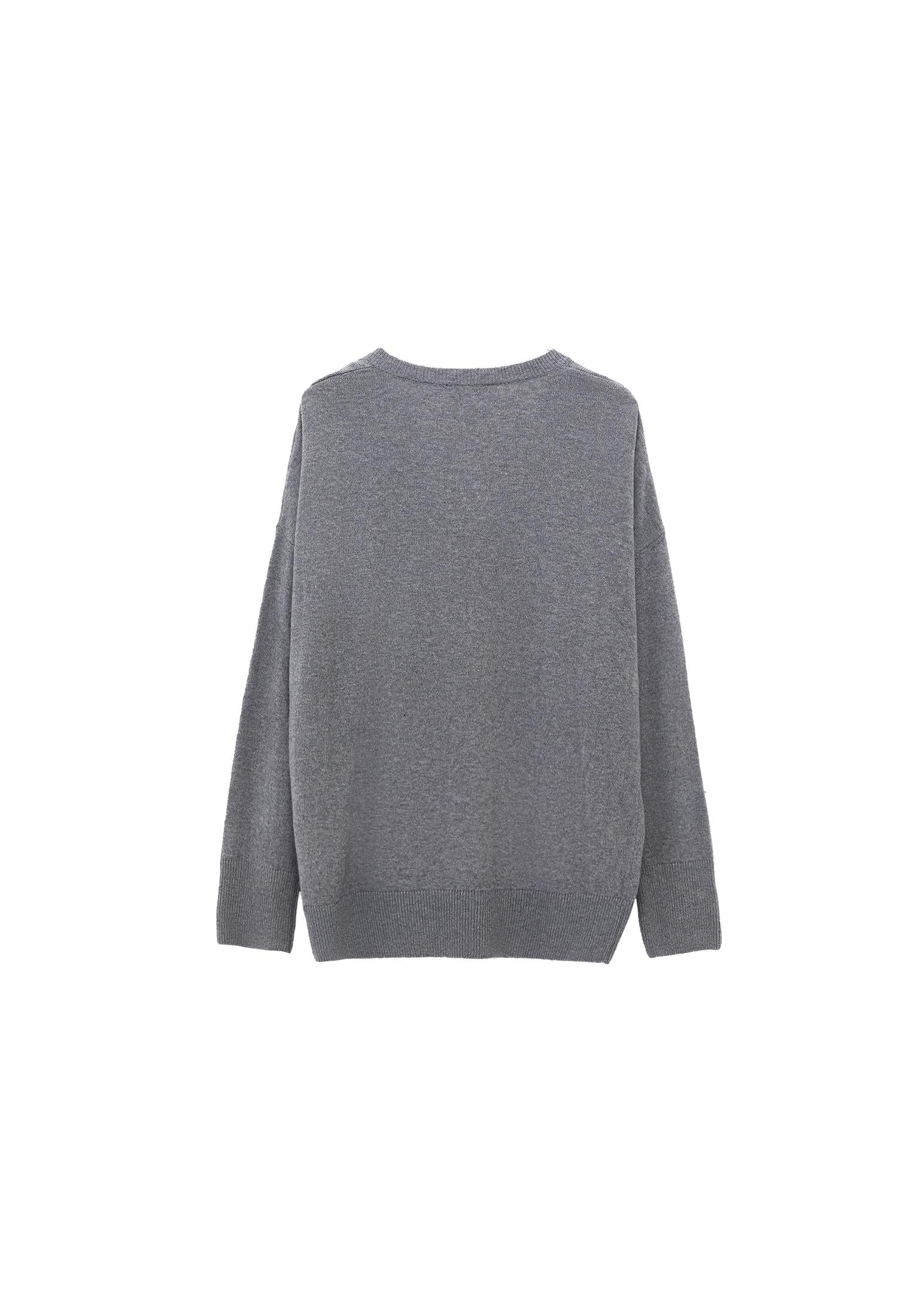 Long V-Neck Knit Sweater With Cashmere Blend - GREY MELANGE