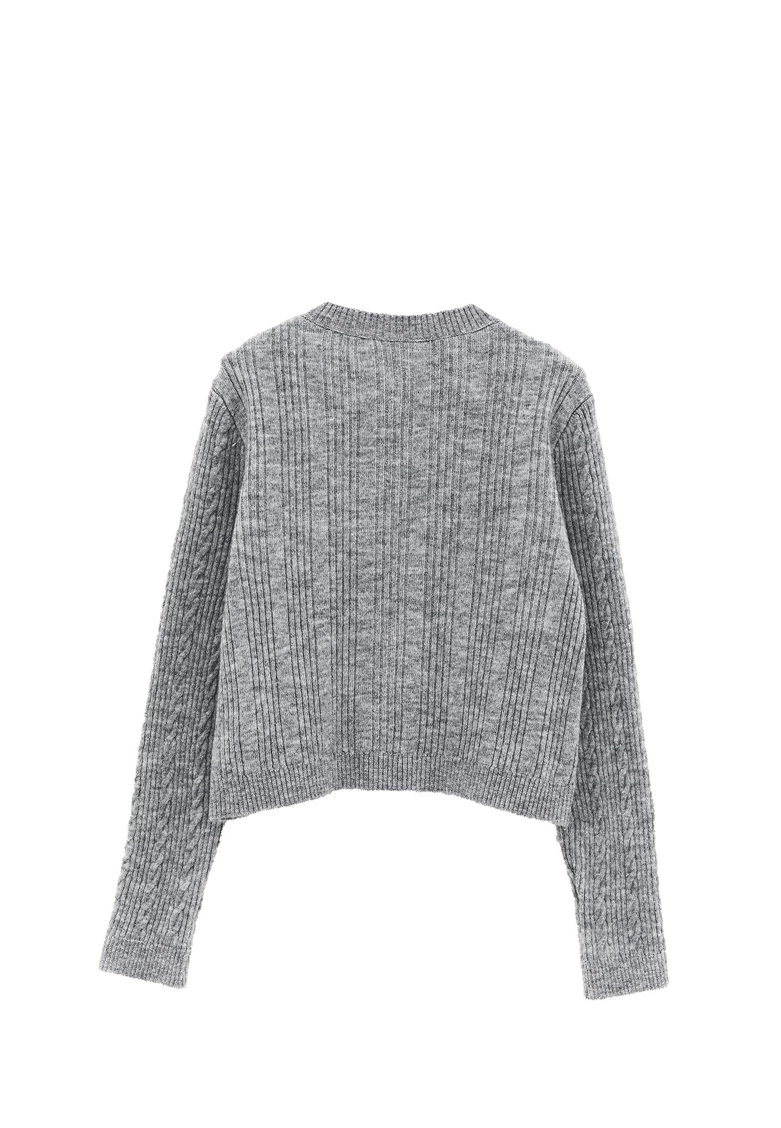 Crew Neck Cardigan With Knit Details - GREY MELANGE