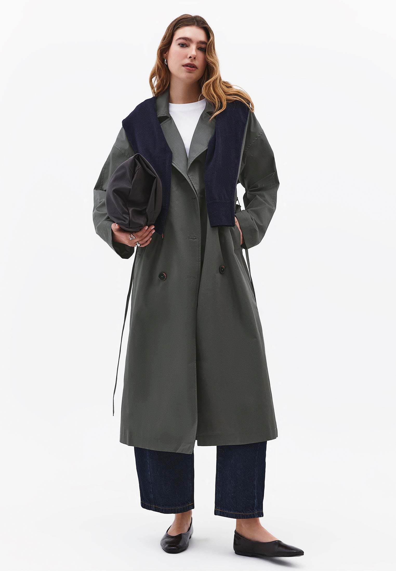 Double Breasted Collar Long Trench Coat With Belt Detail - GUN METAL