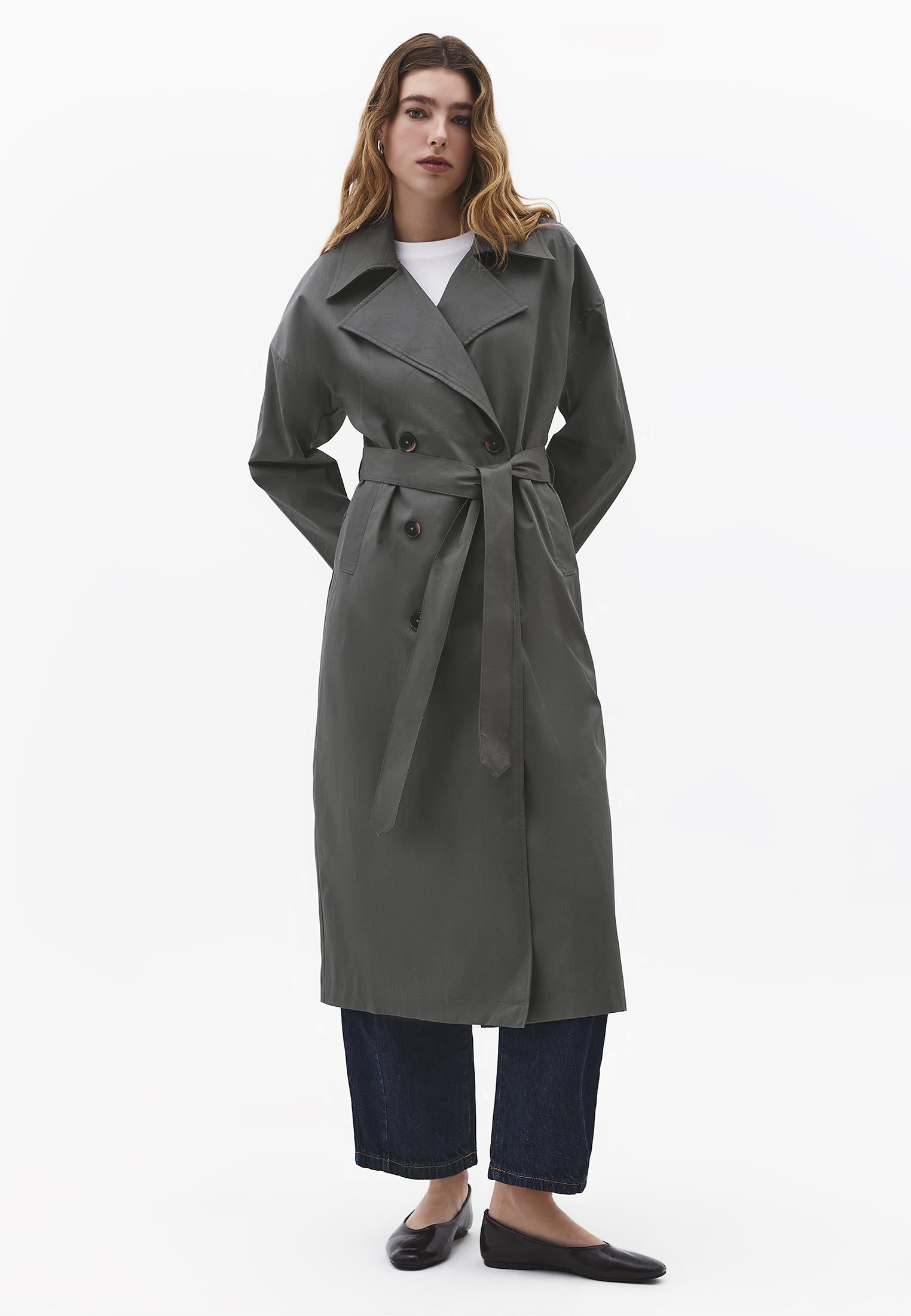 Double Breasted Collar Long Trench Coat With Belt Detail - GUN METAL