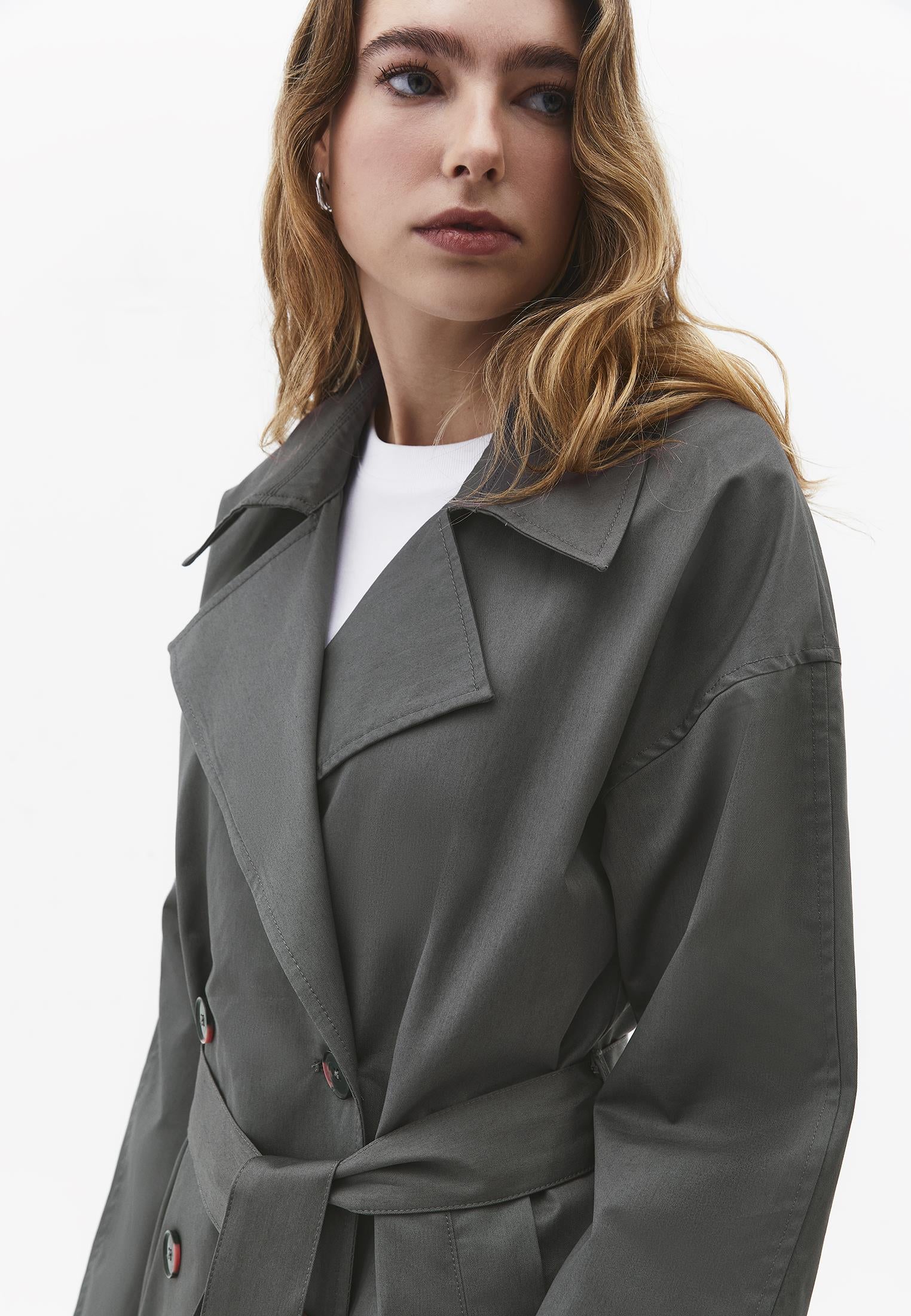 Double Breasted Collar Long Trench Coat With Belt Detail - GUN METAL