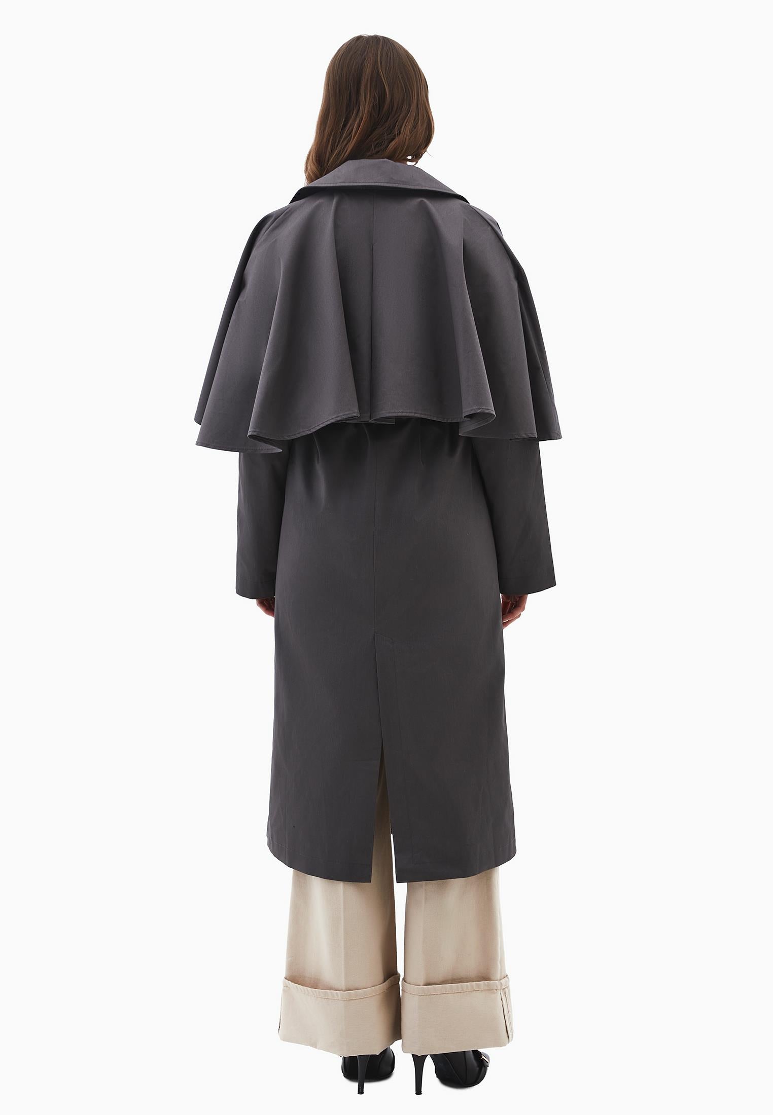 Trench Coat With Belt And Slit Details - GUN METAL