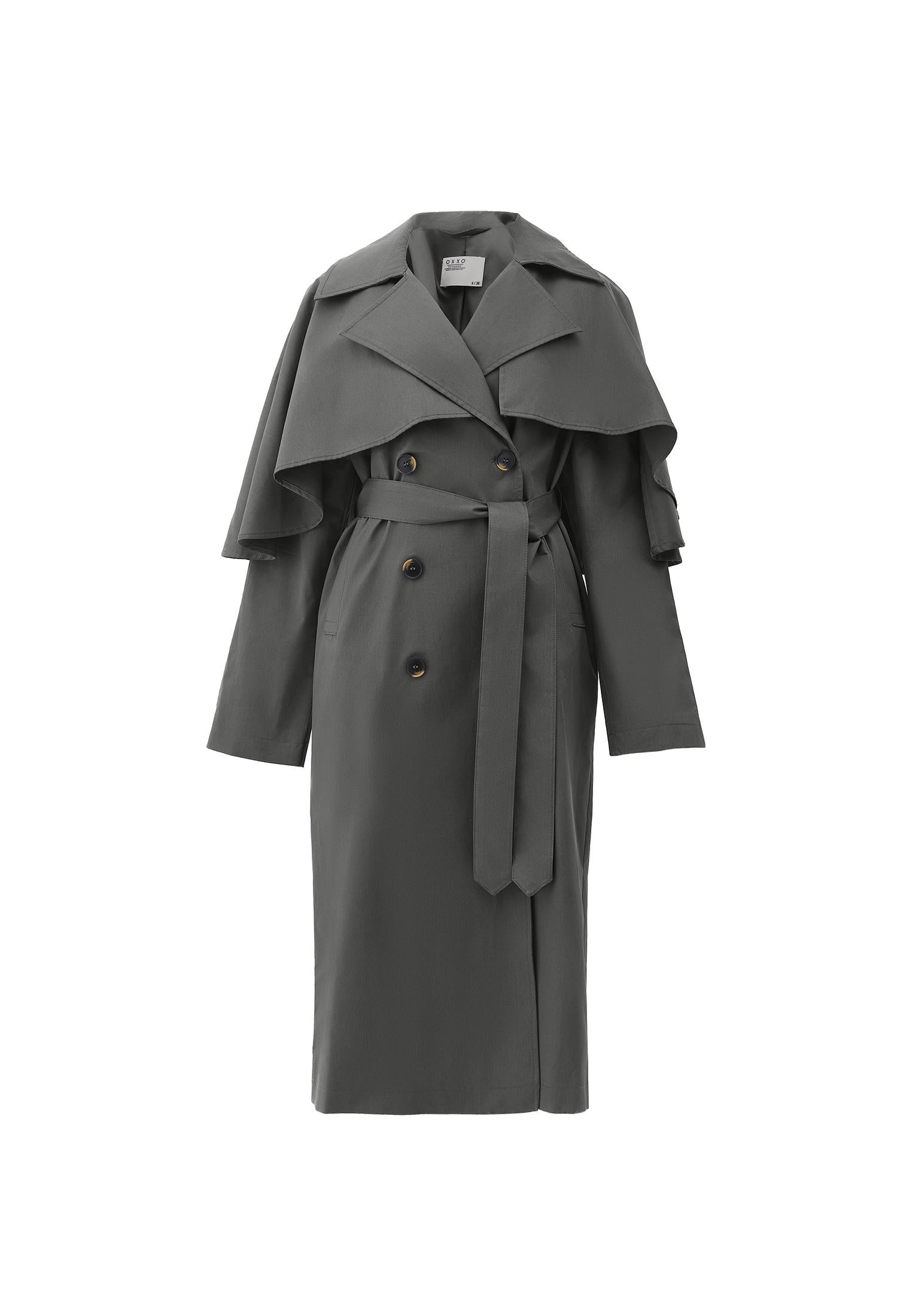 Trench Coat With Belt And Slit Details - GUN METAL