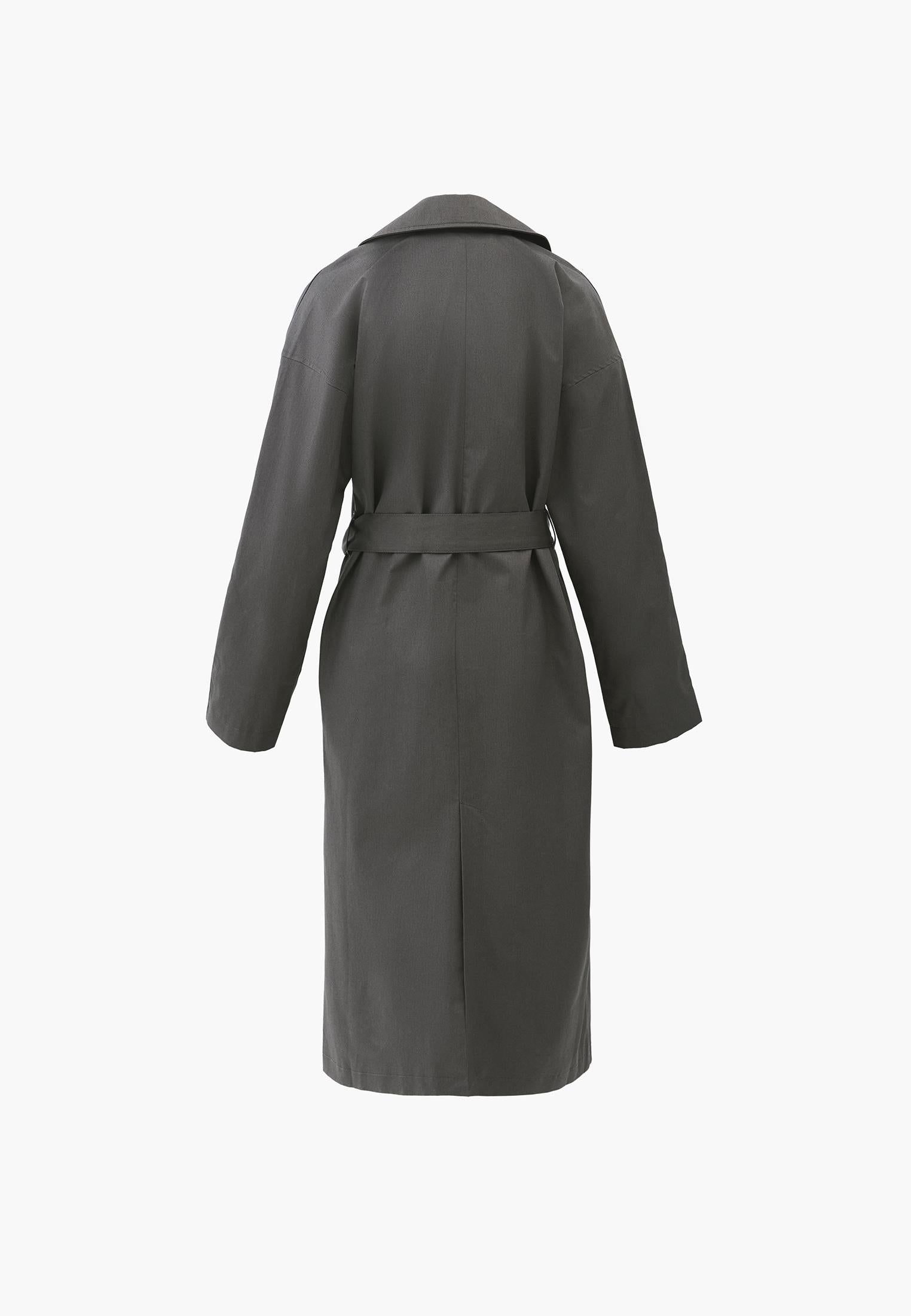 Double Breasted Collar Long Trench Coat With Belt Detail - GUN METAL