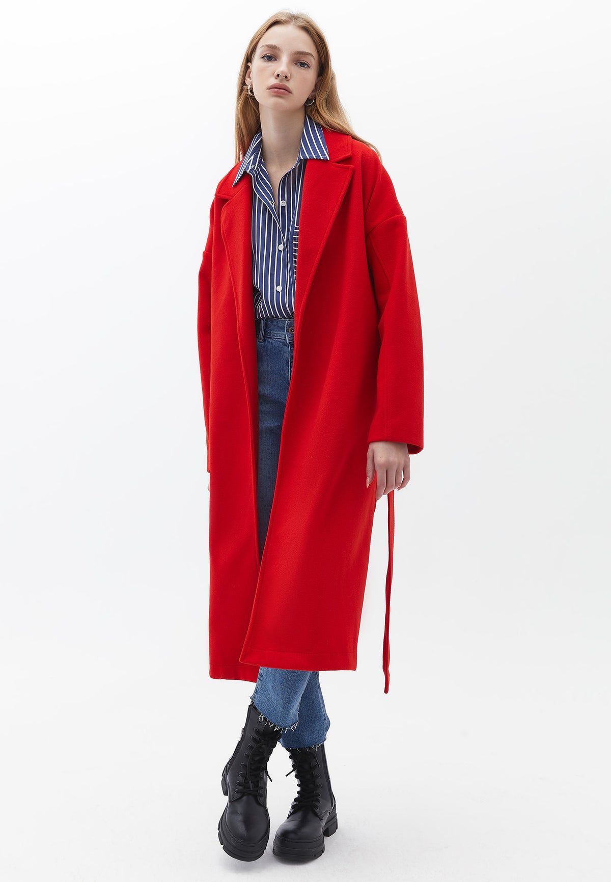 Oversize Belted Long Coat - HAUTE RED