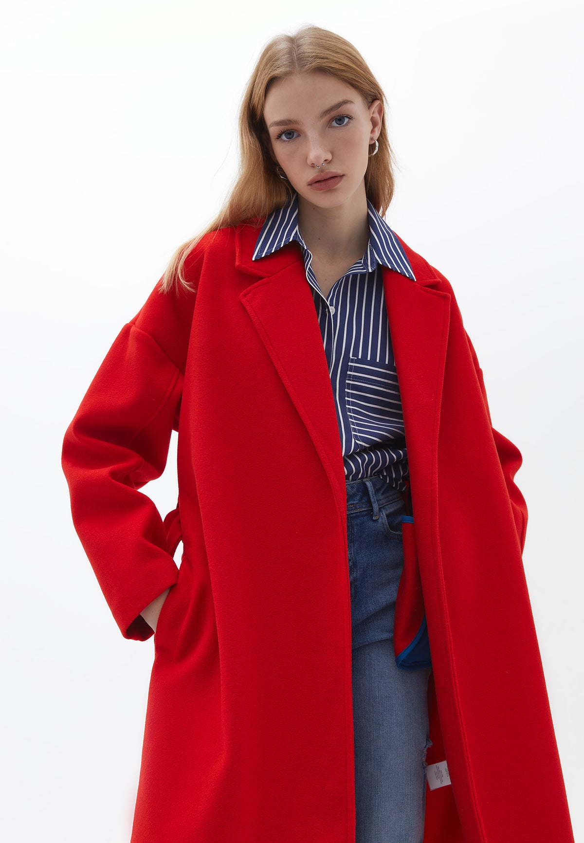 Oversize Belted Long Coat - HAUTE RED