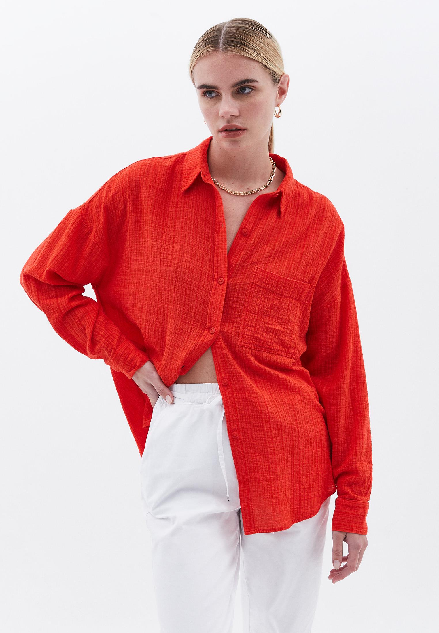 Oversize Long Sleeve Shirt With Pocket Detail - HIGH RED