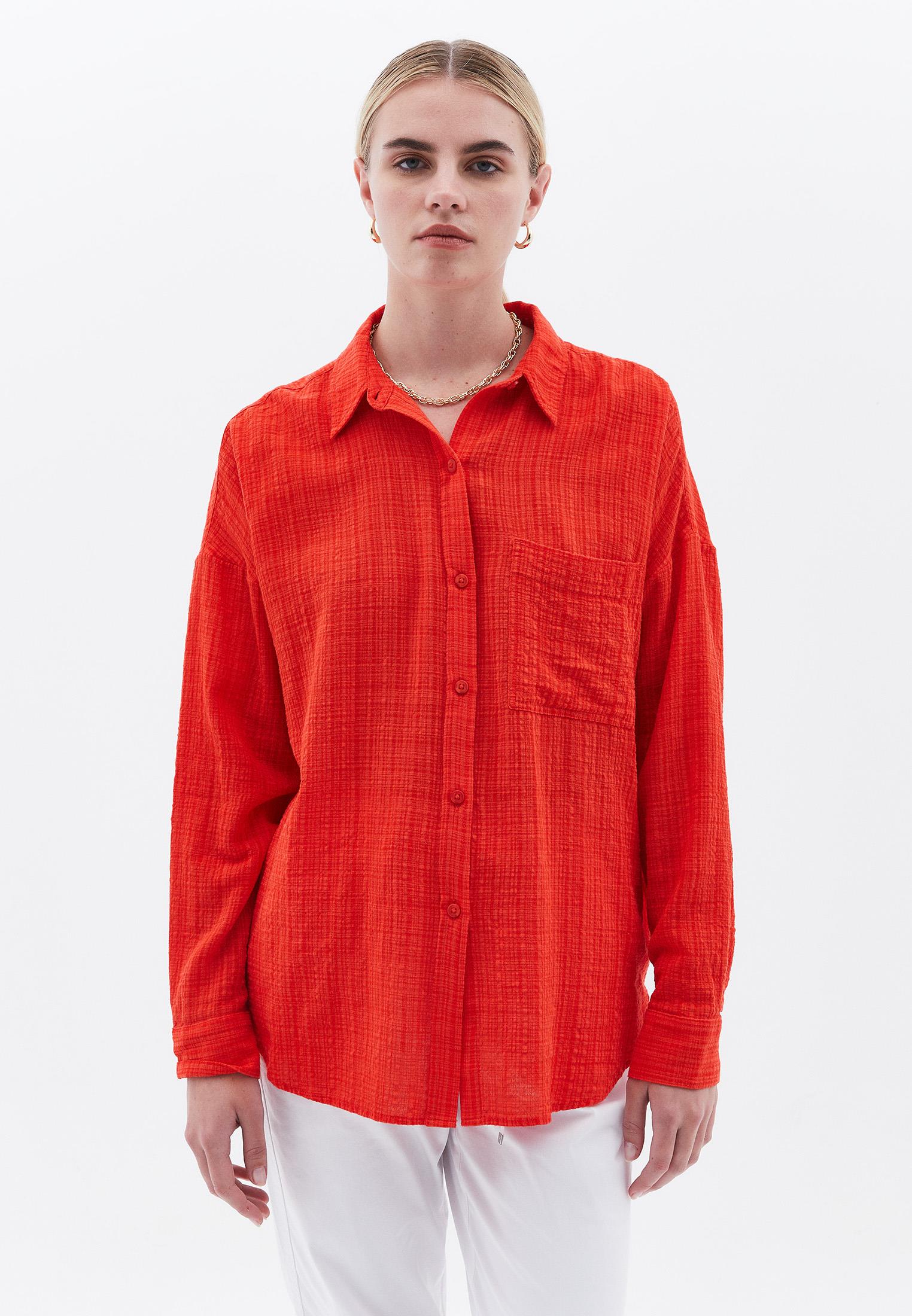 Oversize Long Sleeve Shirt With Pocket Detail - HIGH RED