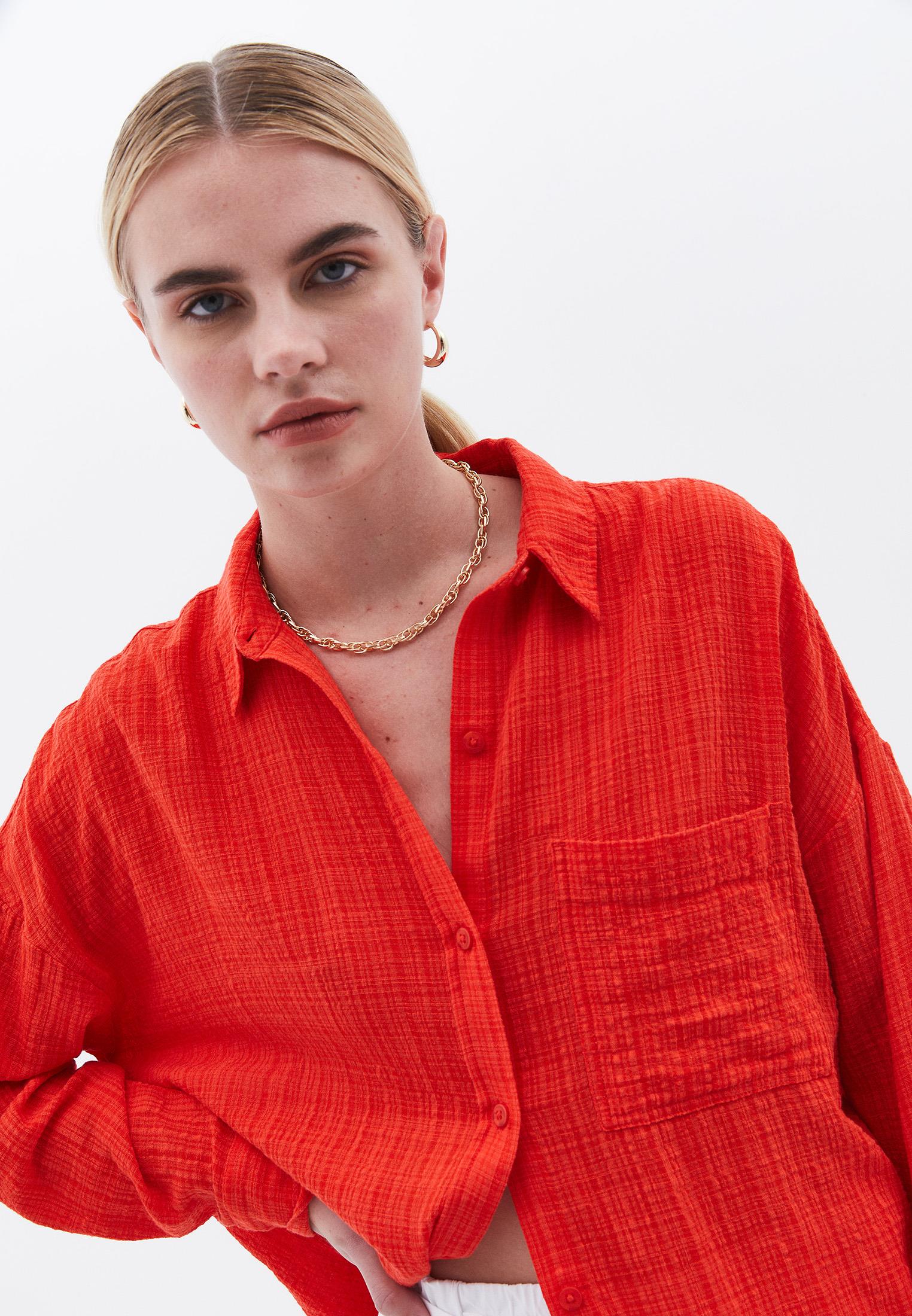 Oversize Long Sleeve Shirt With Pocket Detail - HIGH RED