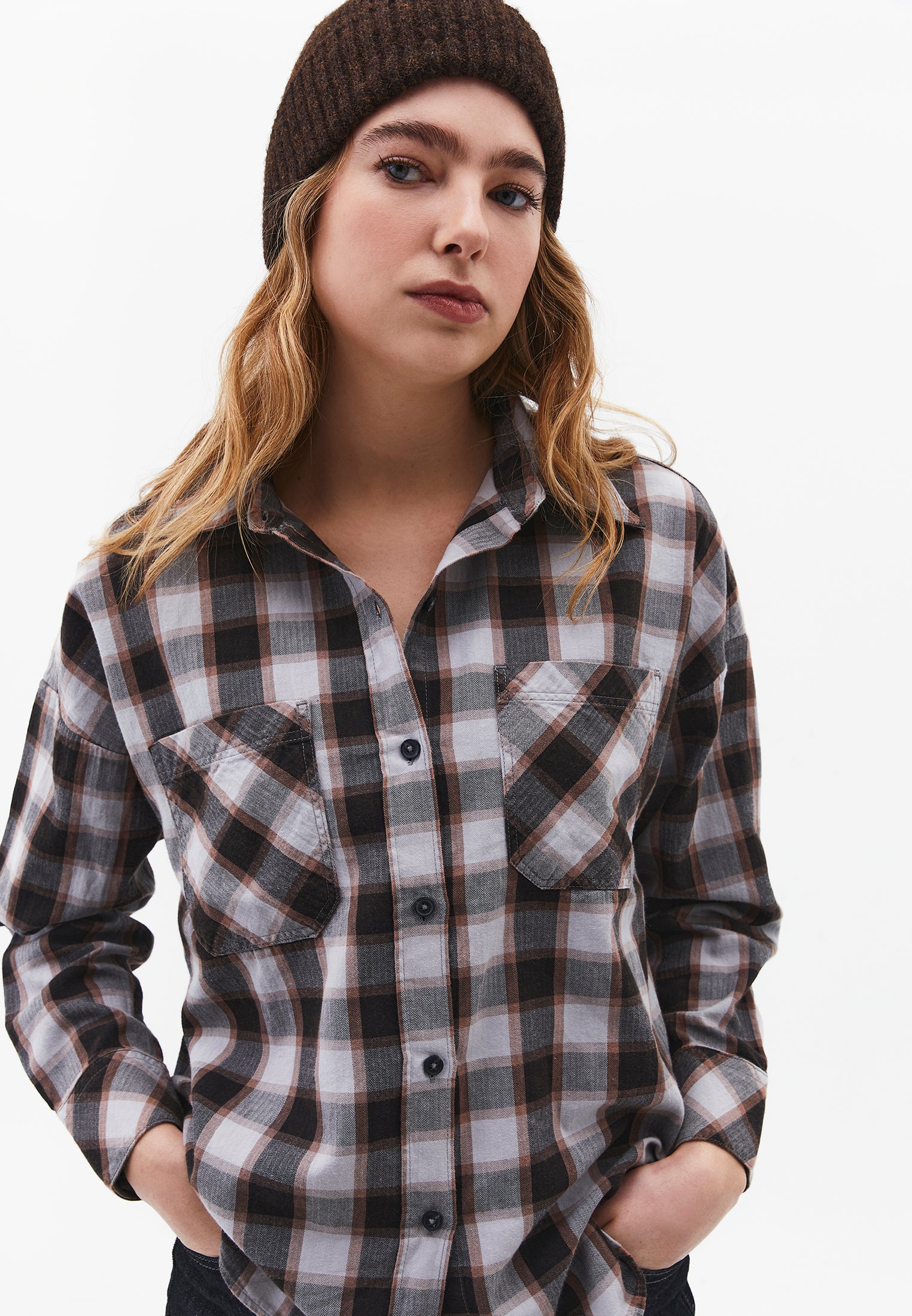 Oversize Short Shirt Collar Long Sleeve Shirt - HONEYSUCKLE CHECK