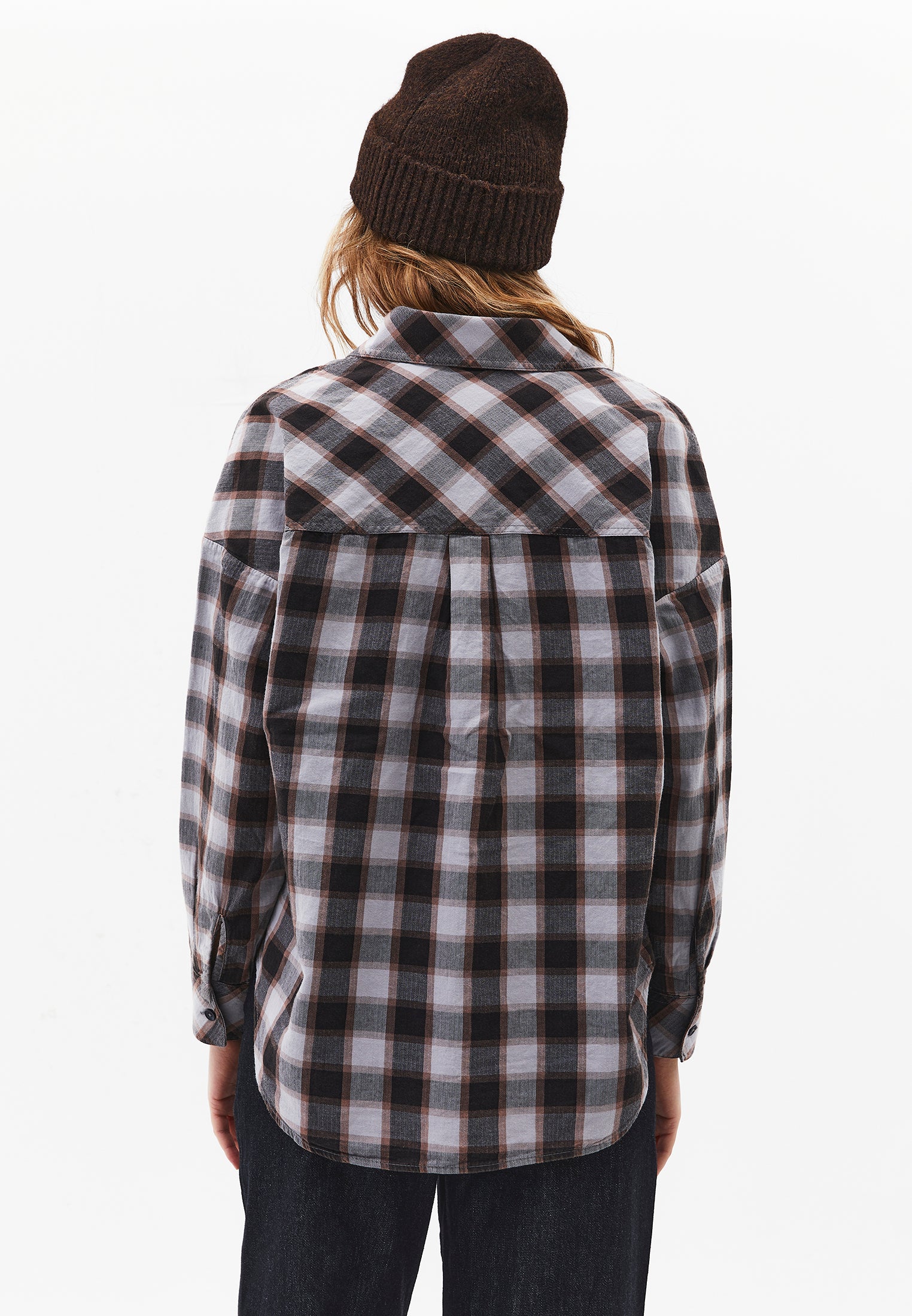 Oversize Short Shirt Collar Long Sleeve Shirt - HONEYSUCKLE CHECK