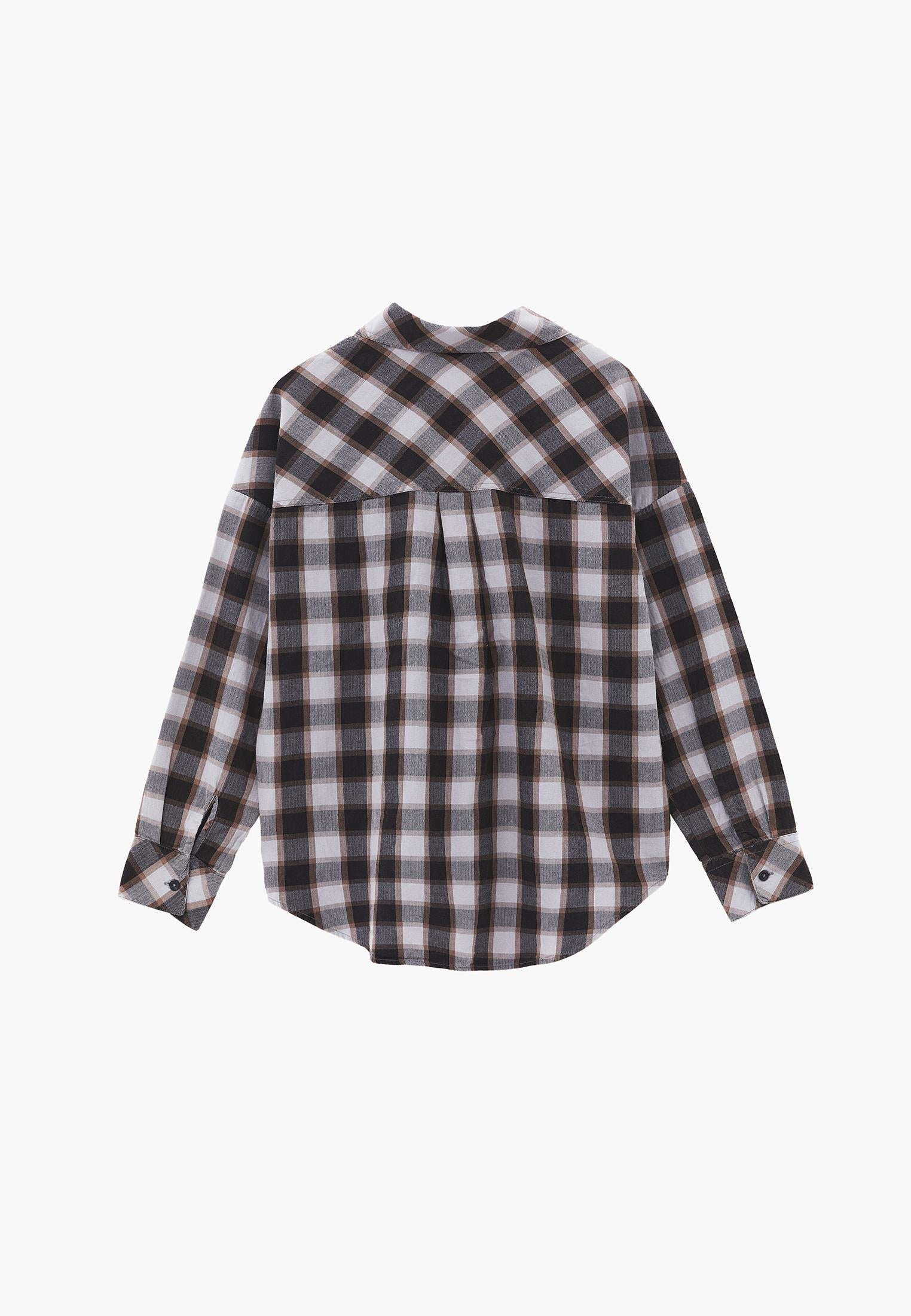 Oversize Short Shirt Collar Long Sleeve Shirt - HONEYSUCKLE CHECK