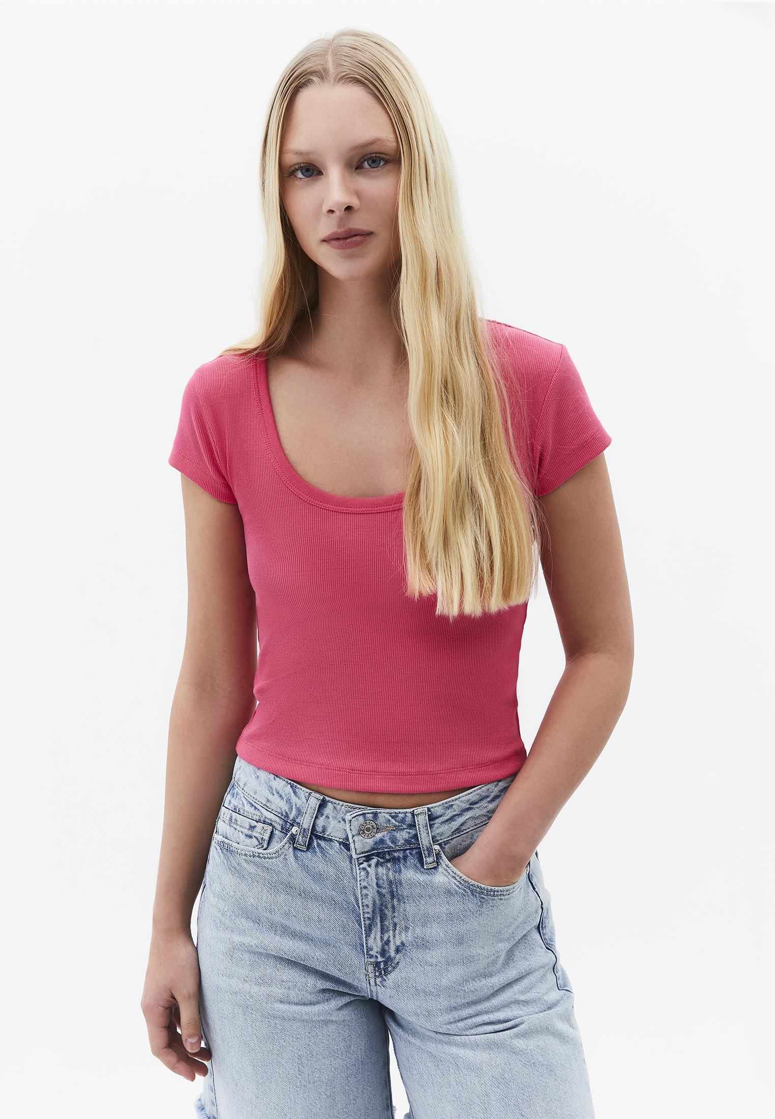 U Neck Bodycon T-Shirt - HONEYSUCKLE