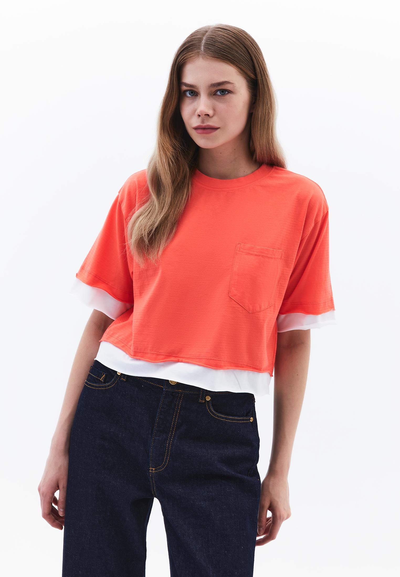 Cropped Crew Neck T-Shirt - HOT CORAL