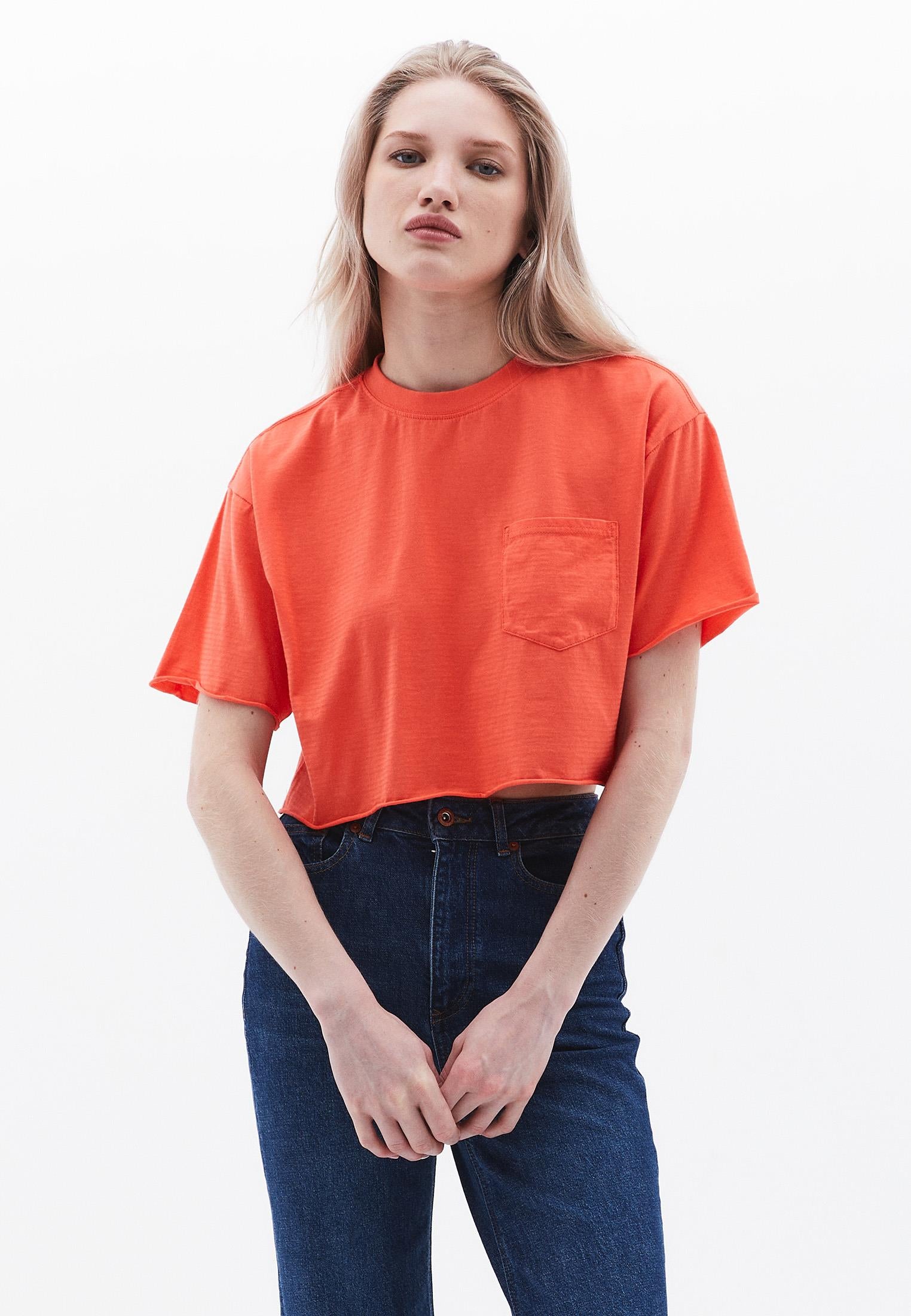 Cropped T-Shirt With Pocket Detail - HOT CORAL