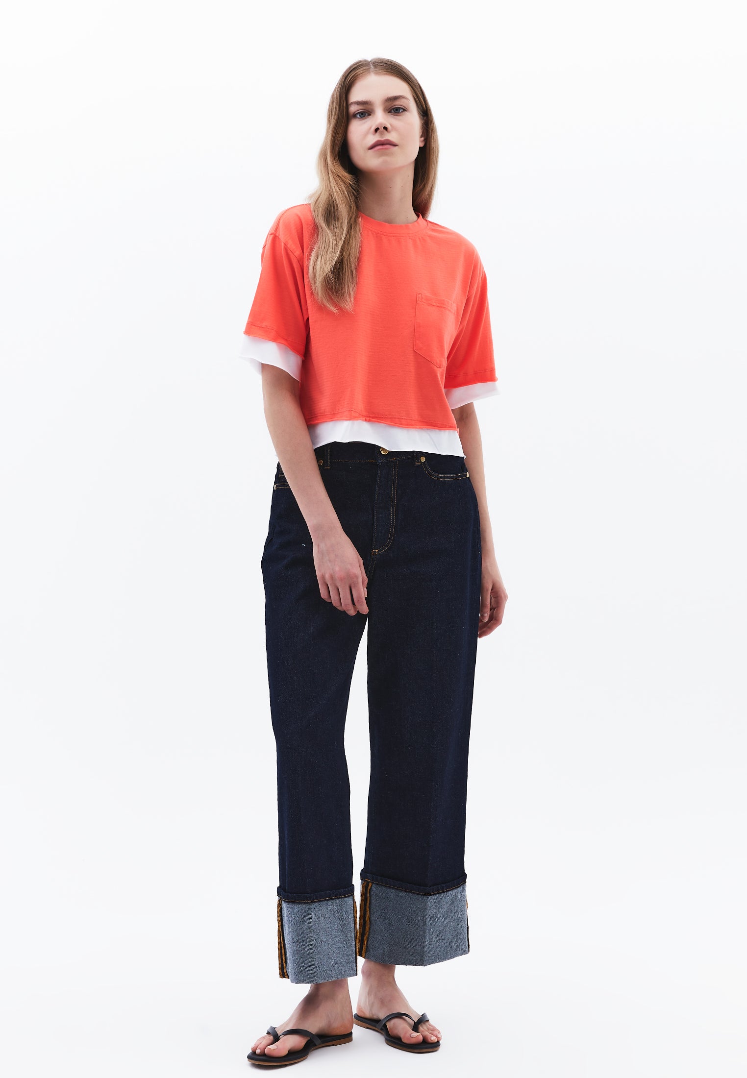 Cropped Crew Neck T-Shirt - HOT CORAL