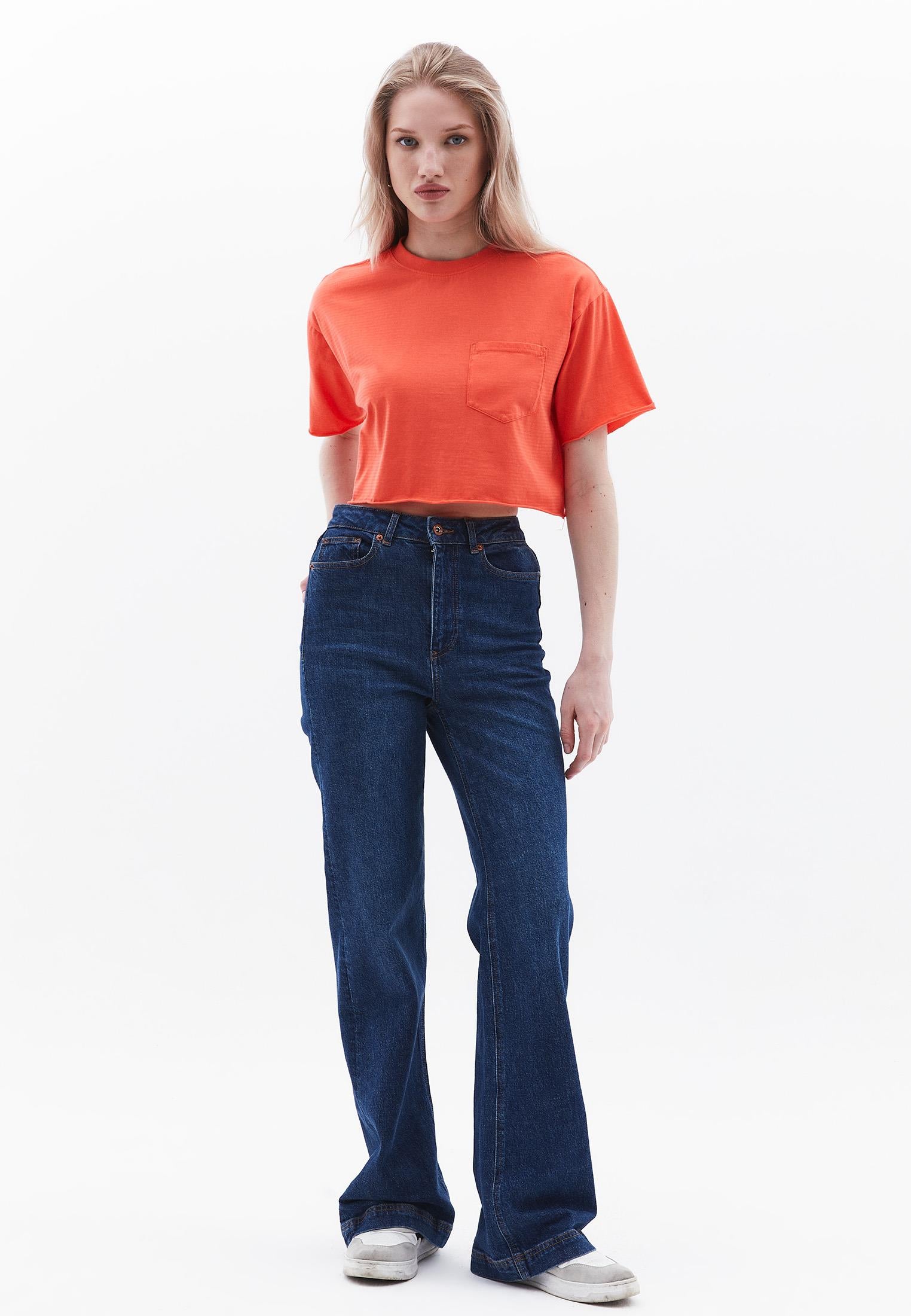 Cropped T-Shirt With Pocket Detail - HOT CORAL