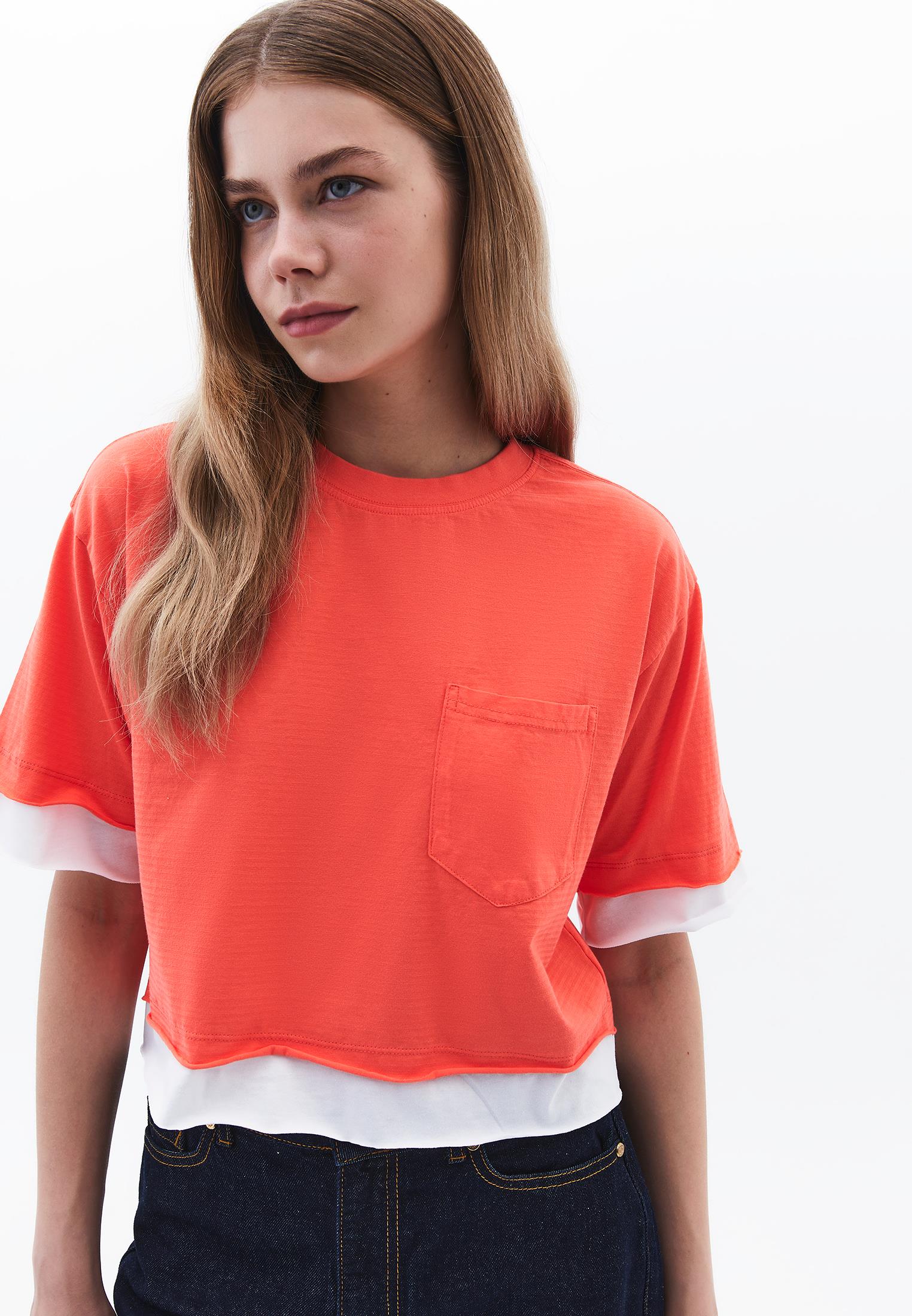 Cropped Crew Neck T-Shirt - HOT CORAL