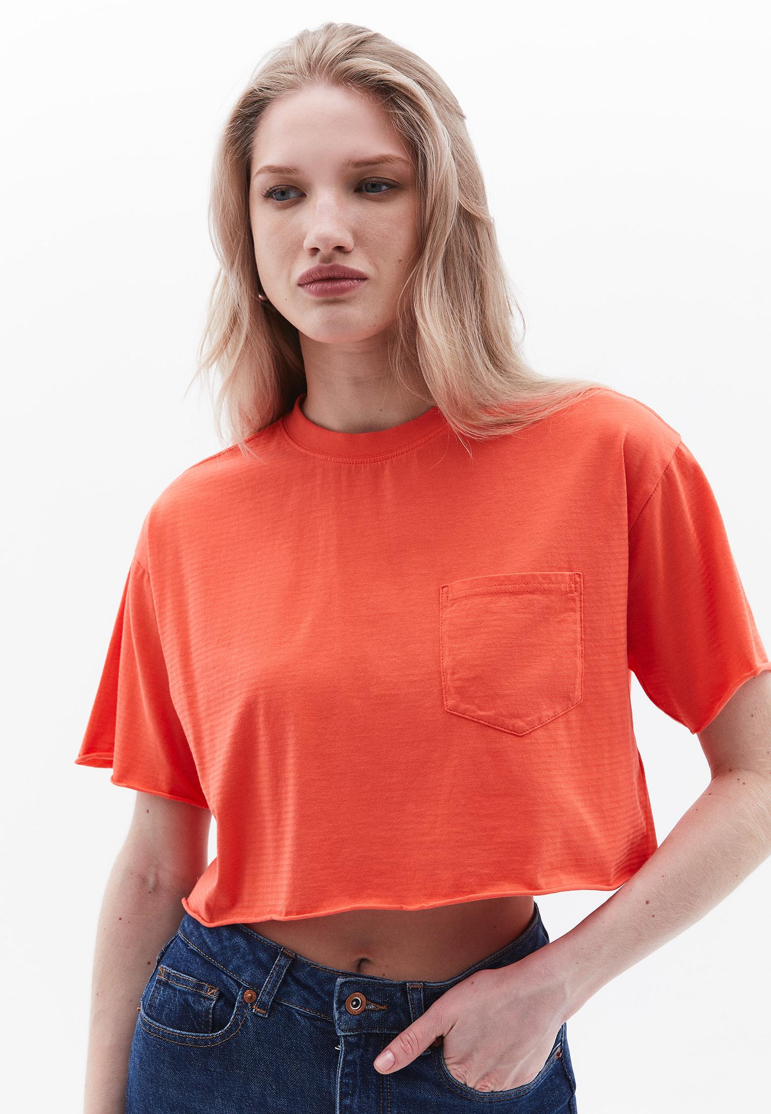 Cropped T-Shirt With Pocket Detail - HOT CORAL