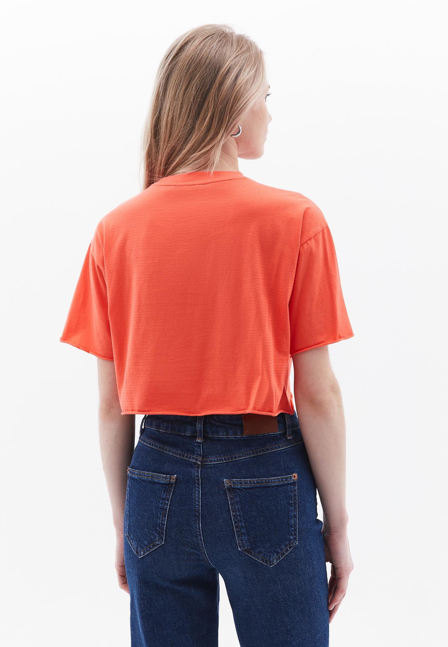 Cropped T-Shirt With Pocket Detail - HOT CORAL