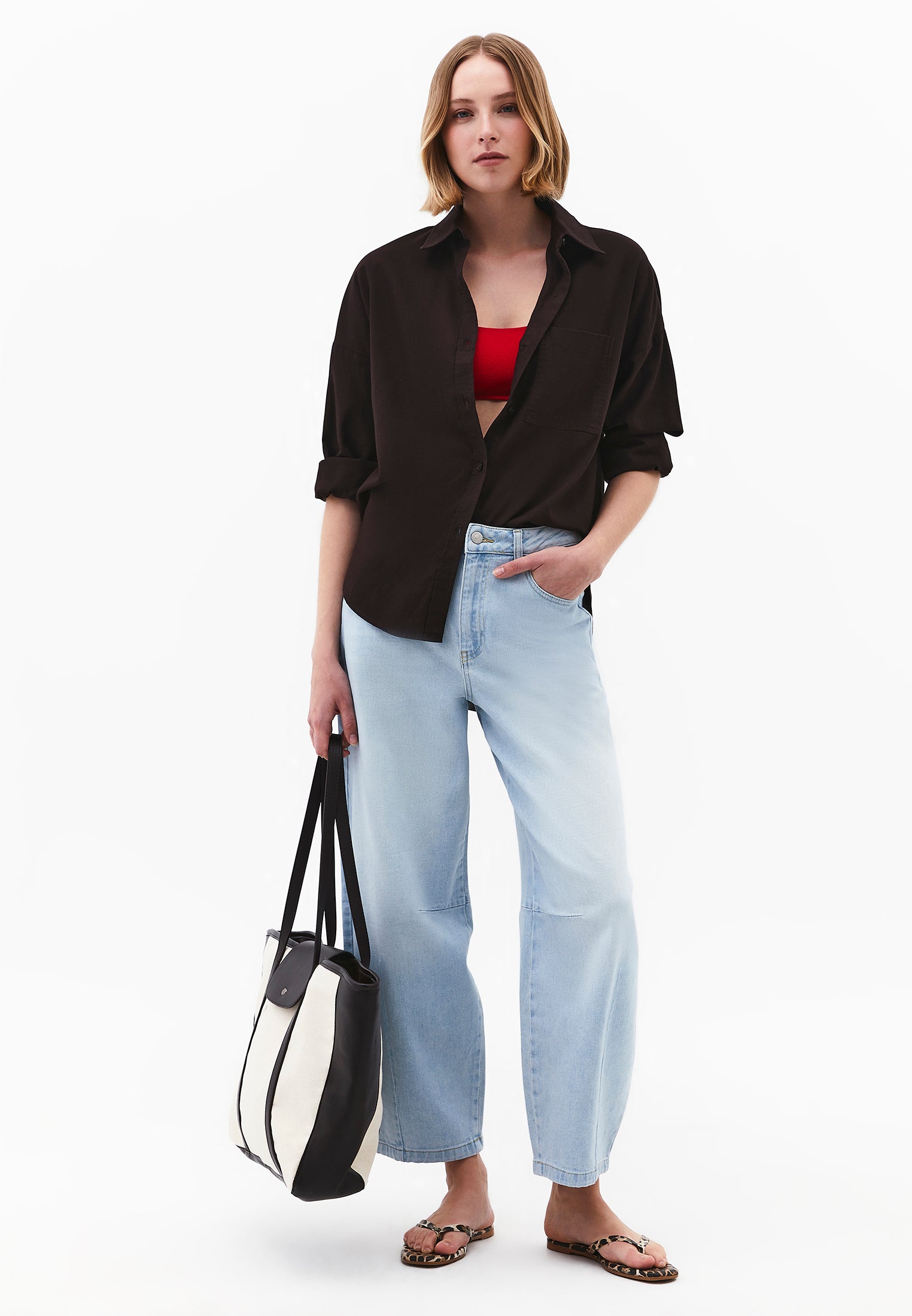 Barrel Cut Pants With Slit Detail - ICE BLUE DENIM