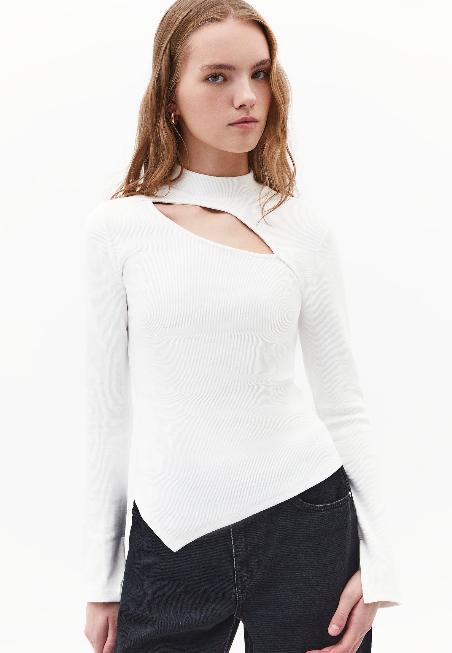 High Neck Cut Out Detail Bodycon T-Shirt - ICE MILK