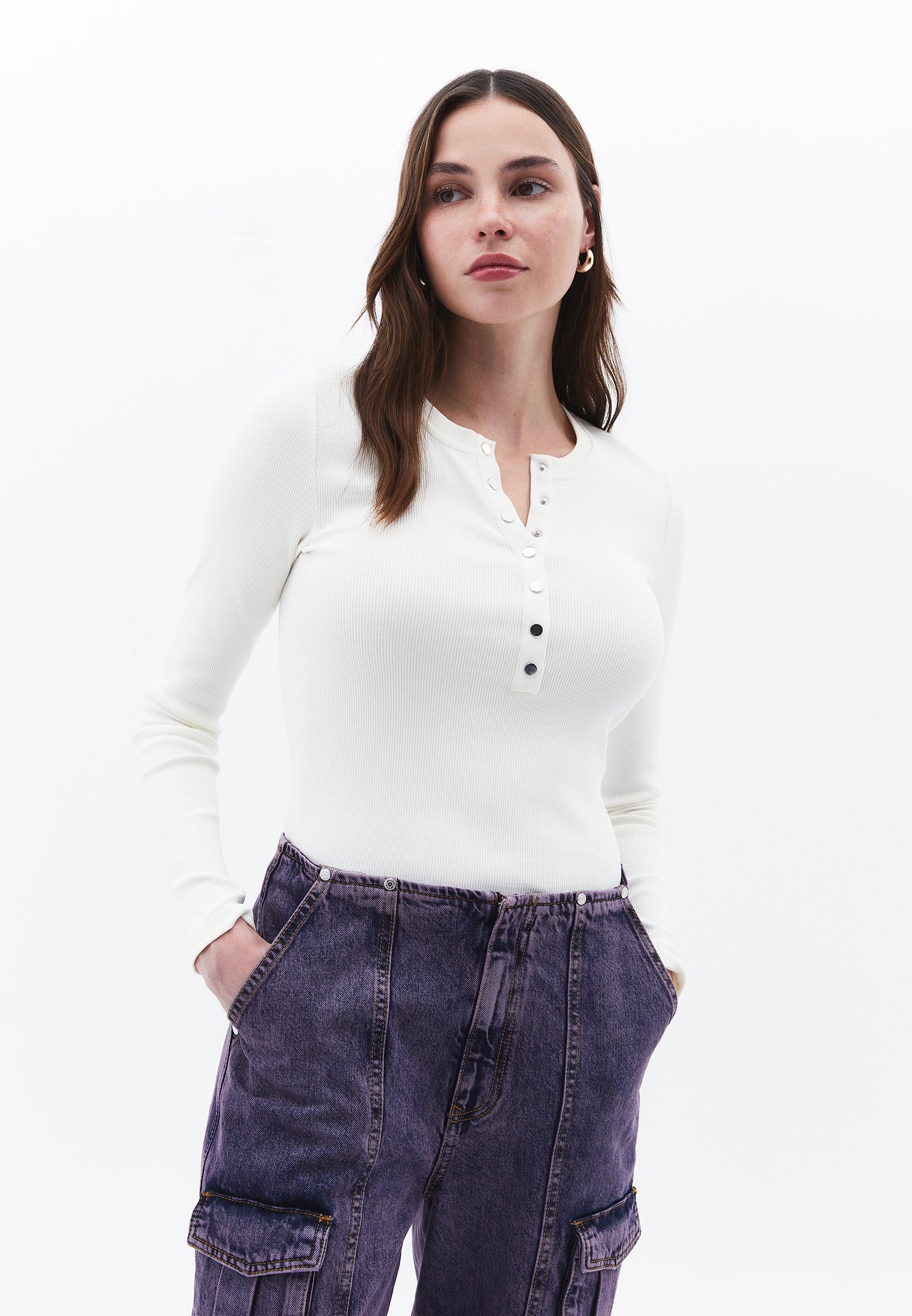 Ribbed Fabric Long Sleeve T-Shirt Crew Neck - ICE MILK