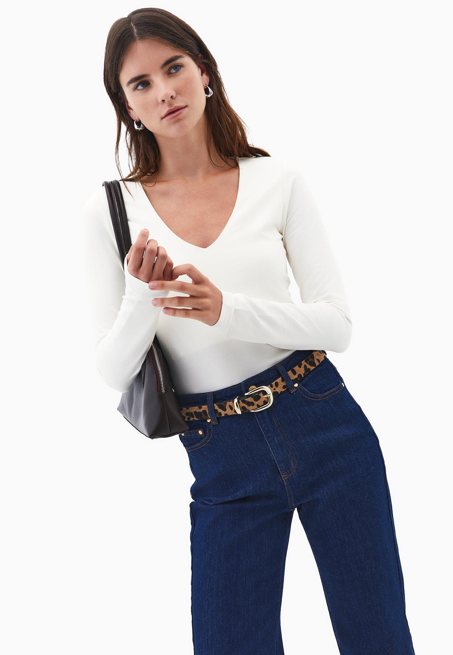V Neck Long Sleeve Bodycon T-Shirt - ICE MILK