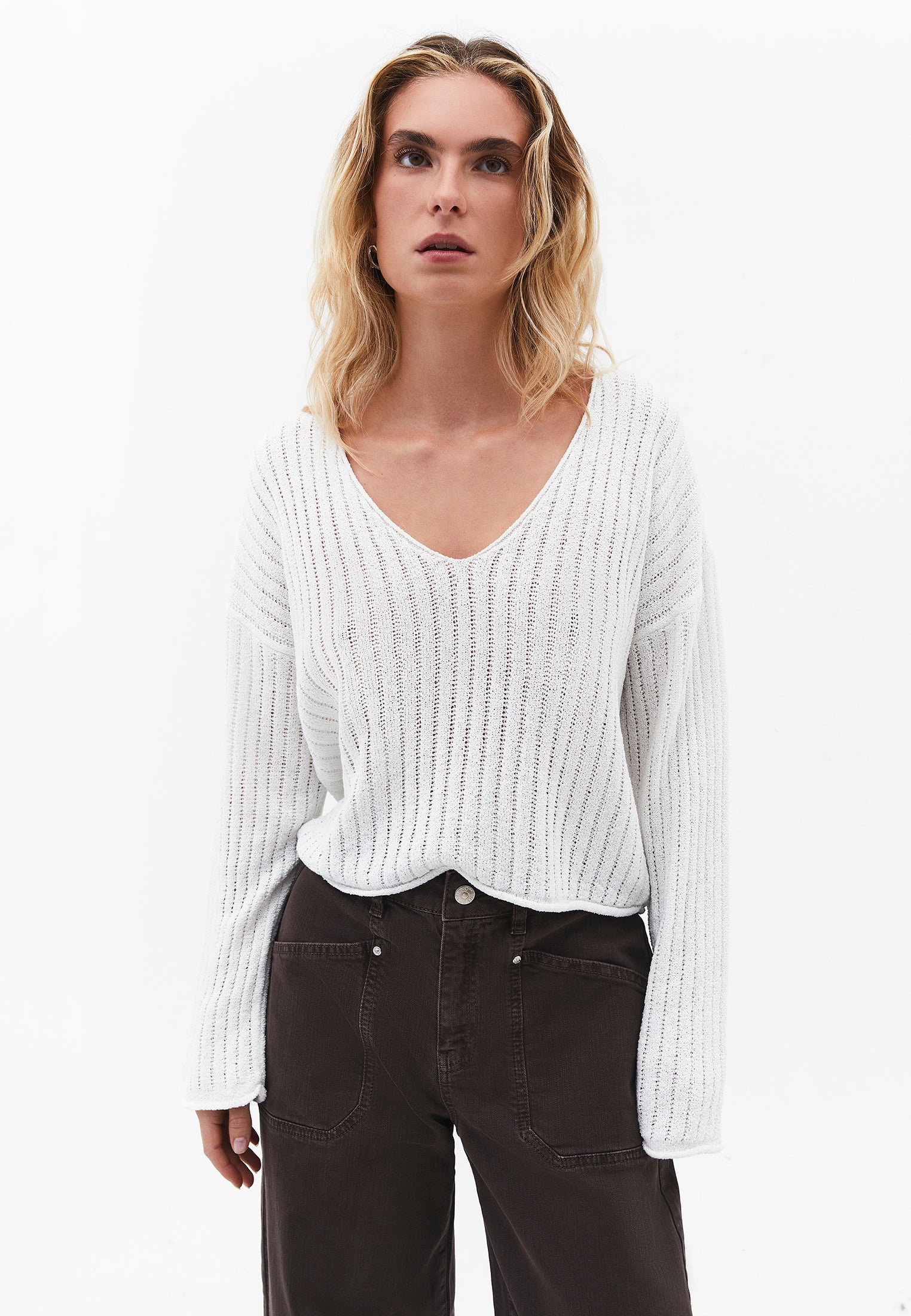 Ribbed V-Neck Long Sleeve Sweater - ICE MILK