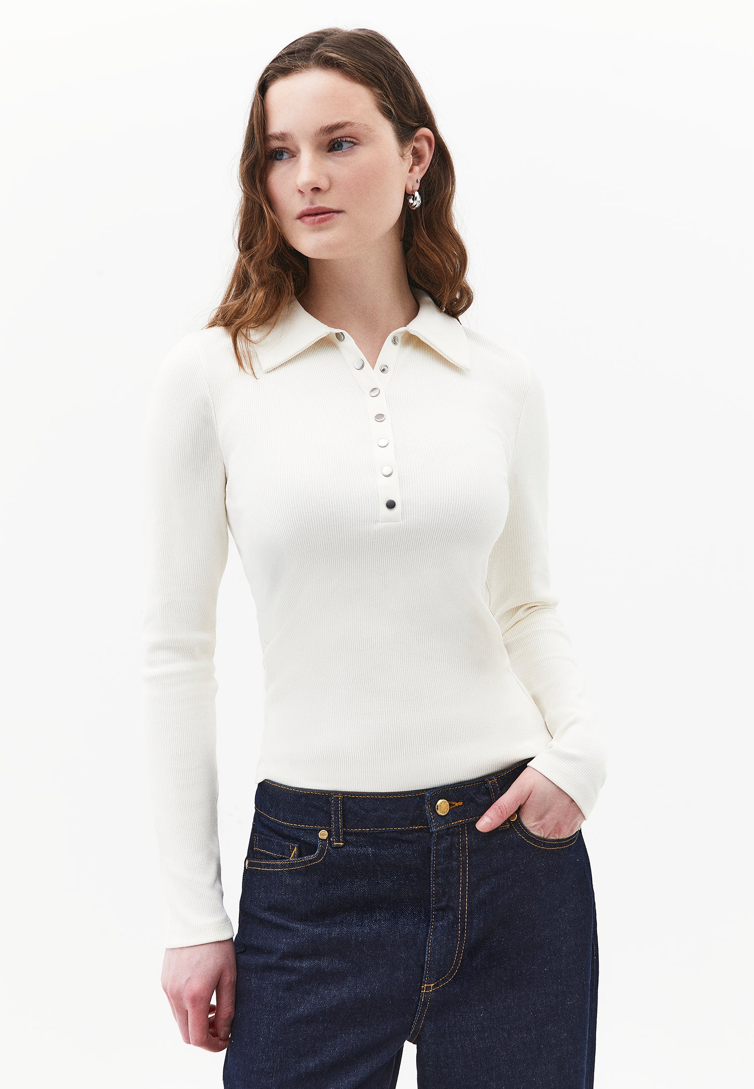 Polo Collar Long Sleeve Bodycon T-Shirt - ICE MILK