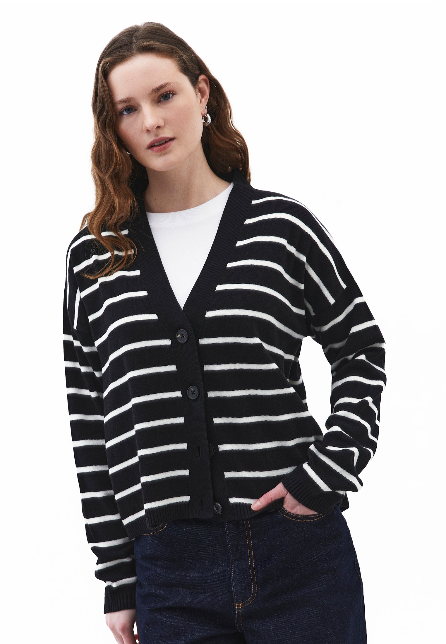 V Neck Striped Loose Knit Cardigan - BLACK/ICE MILK