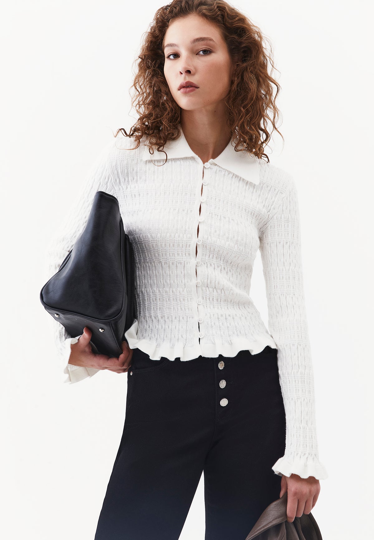 Polo Neck Raglan Sleeve Smocked Knit Cardigan - ICE MILK