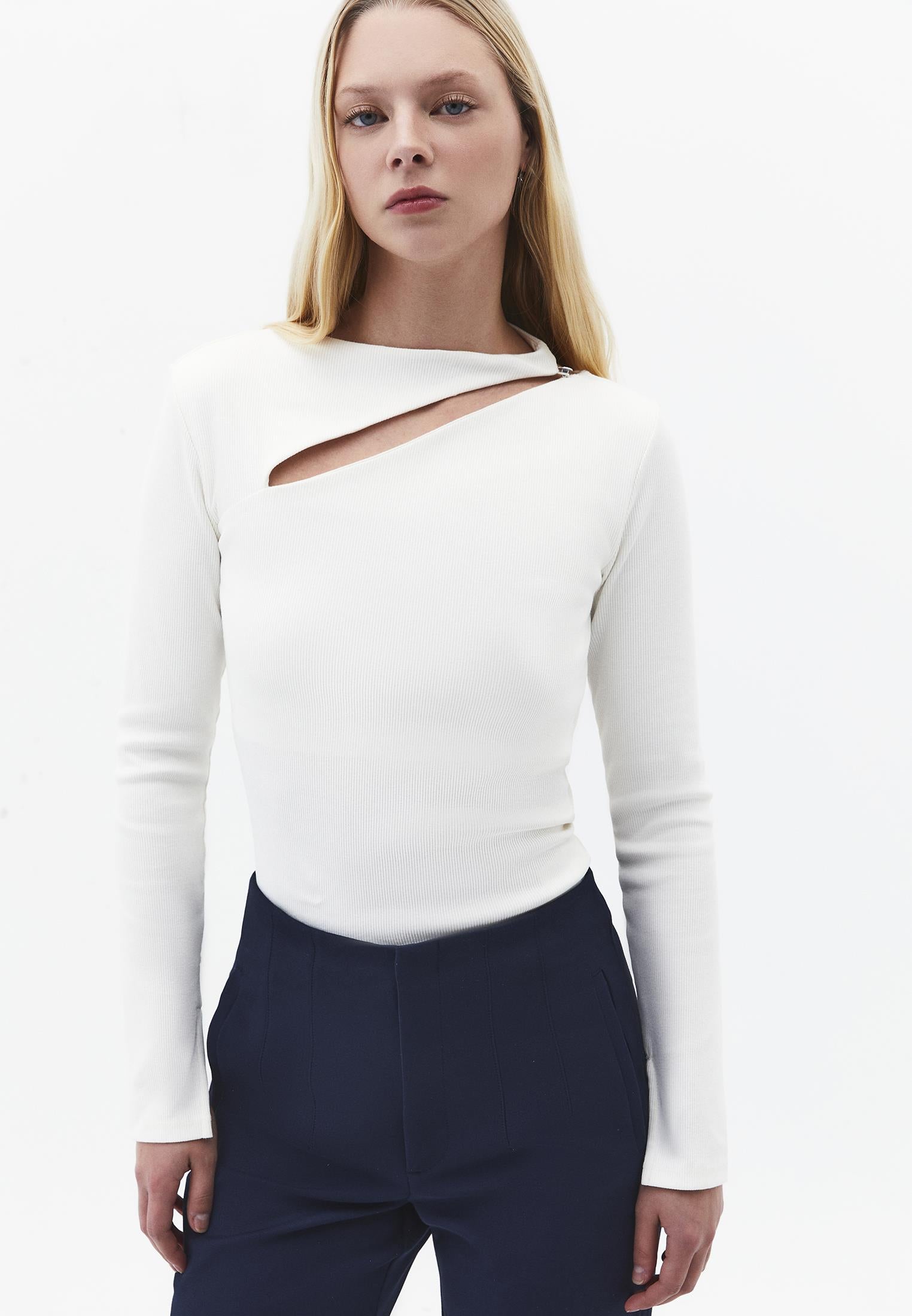 Asymmetric Cutout Long Sleeve Bodycon T-Shirt - ICE MILK