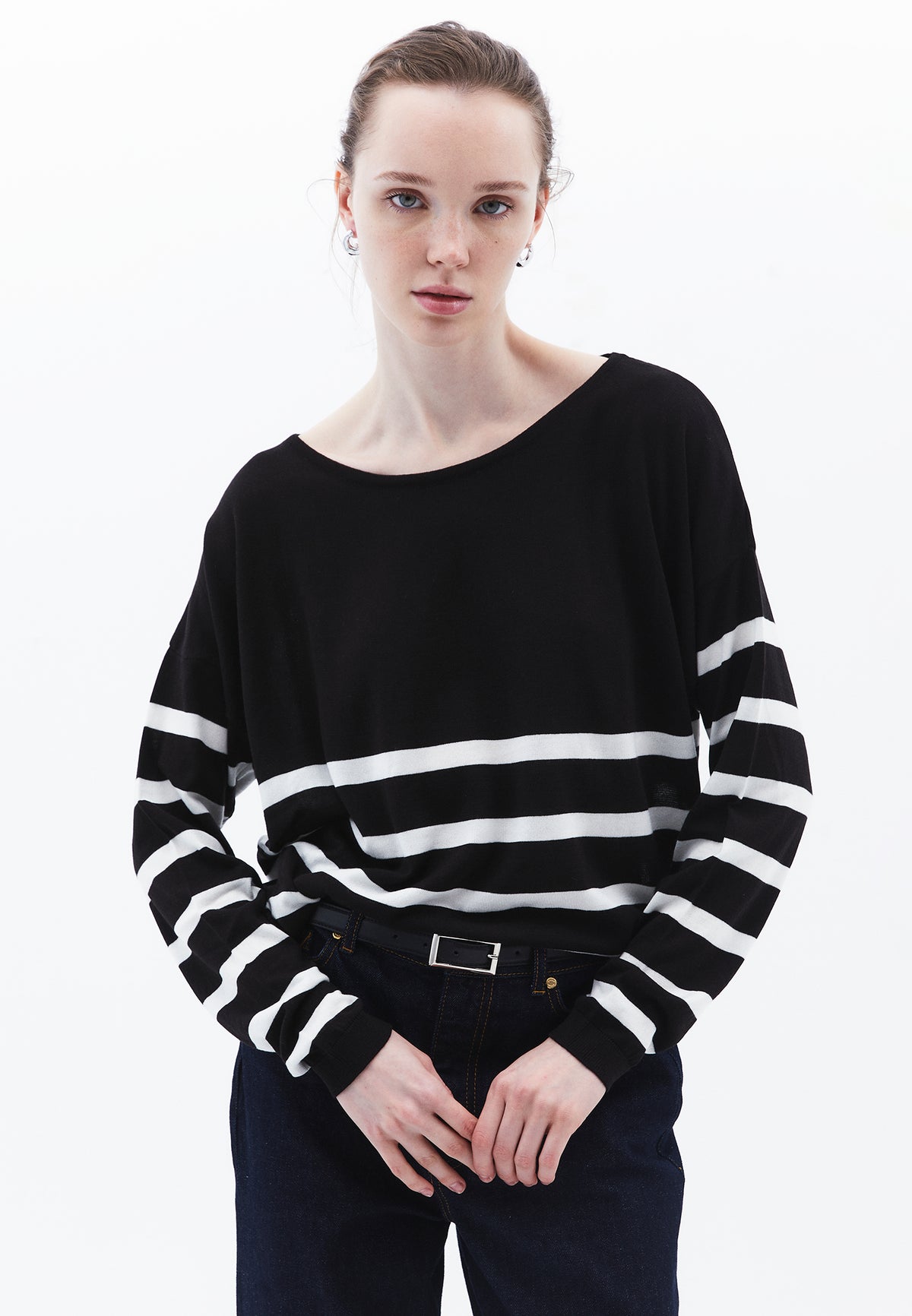 Boat Neck Loose Sweater - BLACK/ICE MILK