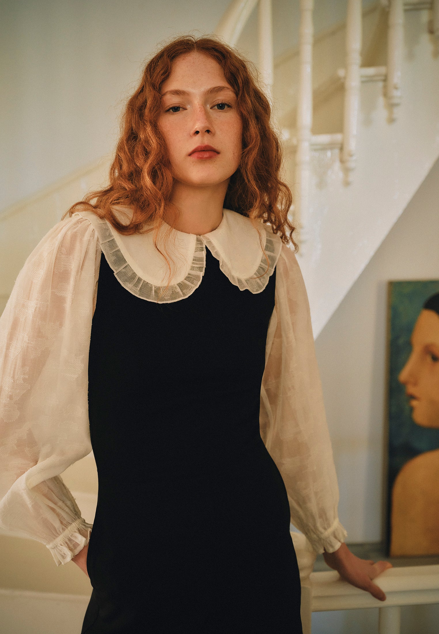 Jacquard Baby Collar Balloon Sleeve Shirt - ICE MILK