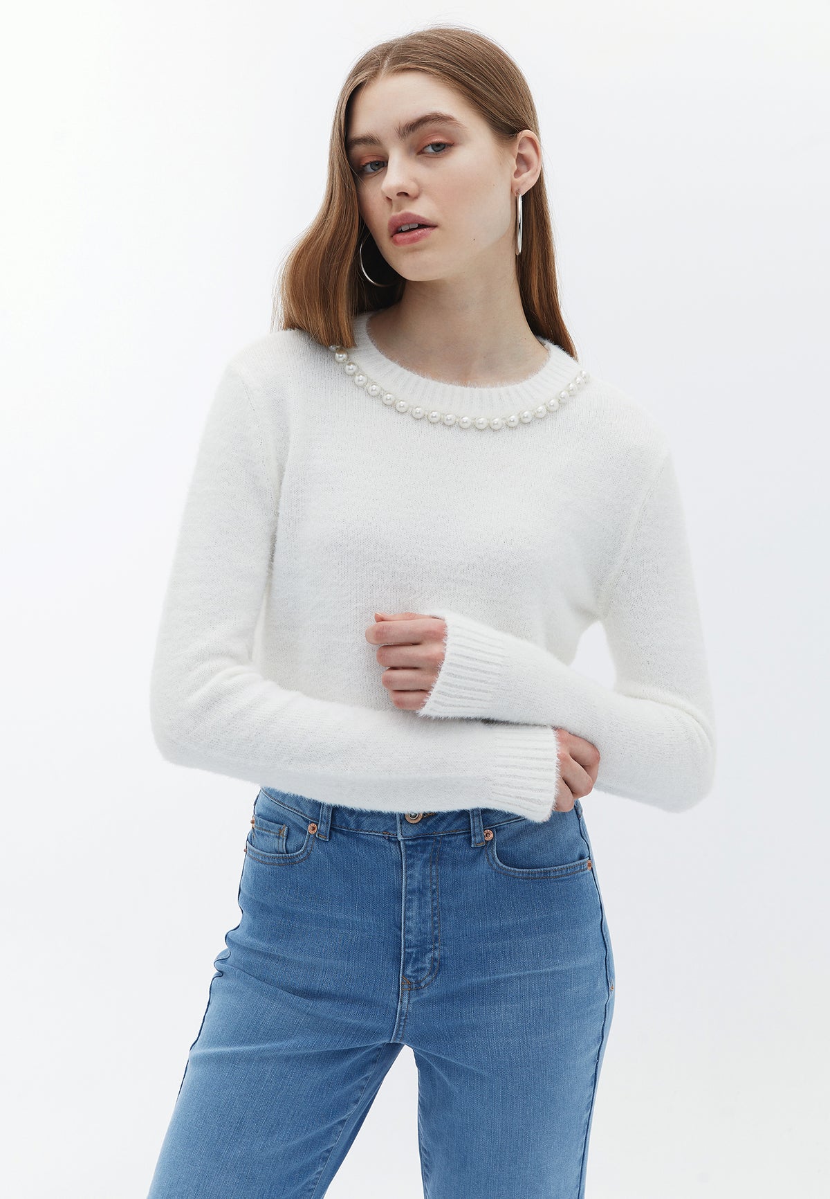 Crew Neck Beaded Raglan Sleeve Cropped Sweater - ICE MILK