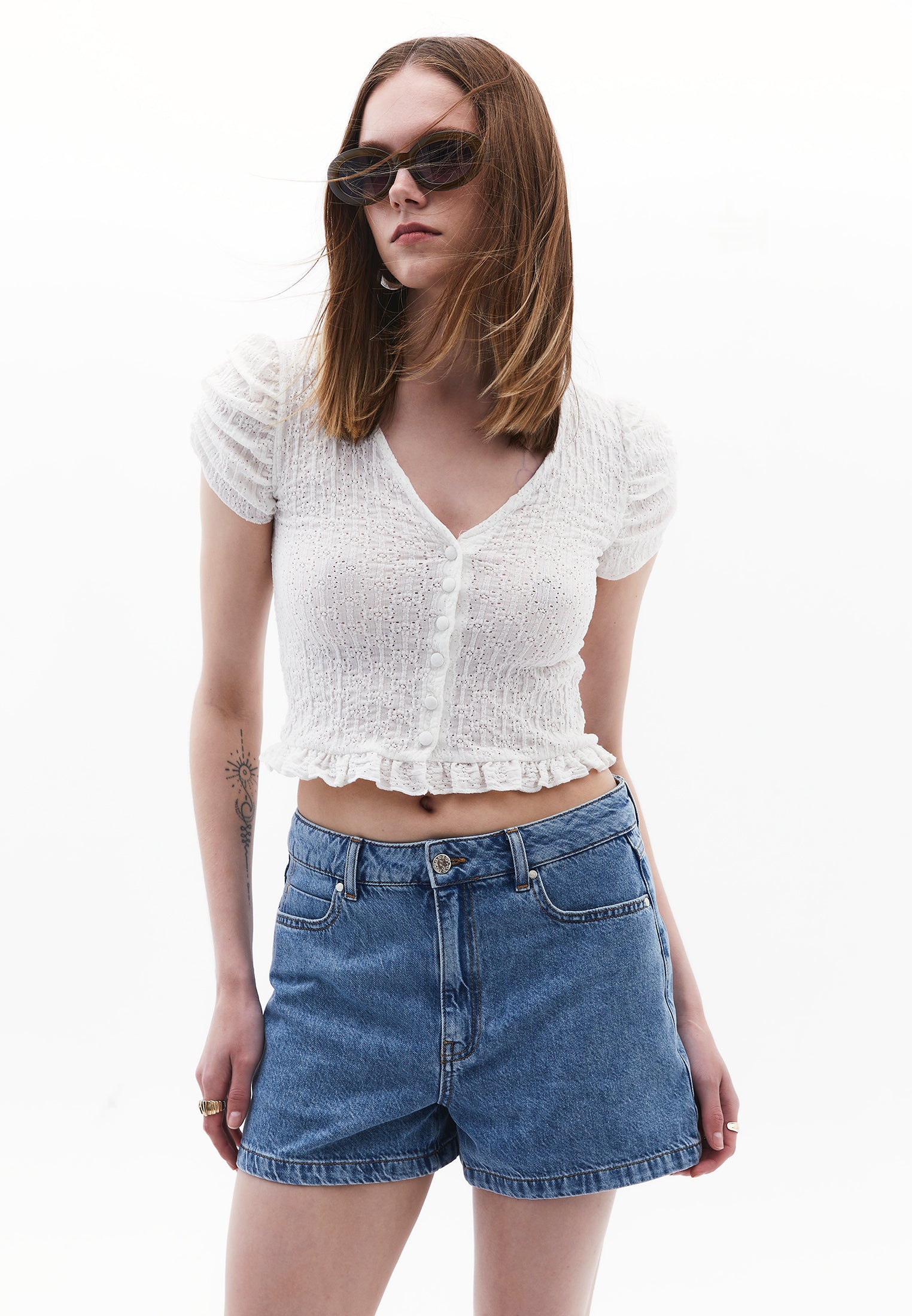 V Neck Short Sleeve Blouse - ICE MILK
