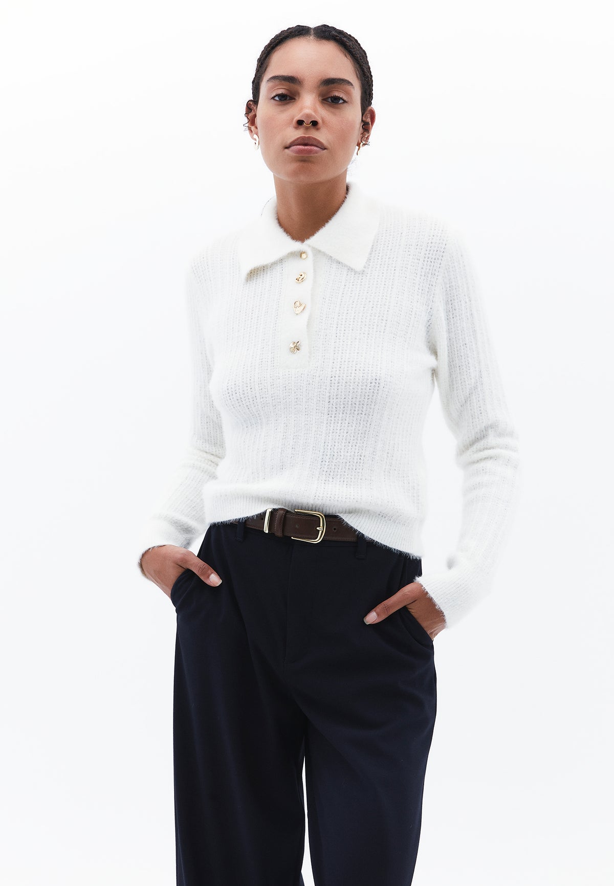 Polo Collar Knit Detail Sweater - ICE MILK