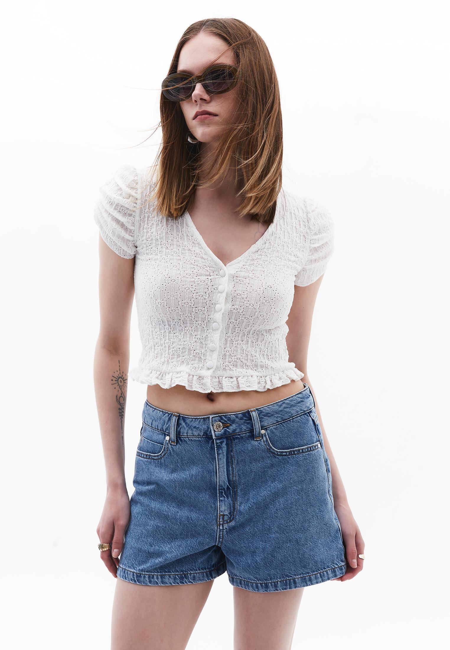 V Neck Short Sleeve Blouse - ICE MILK