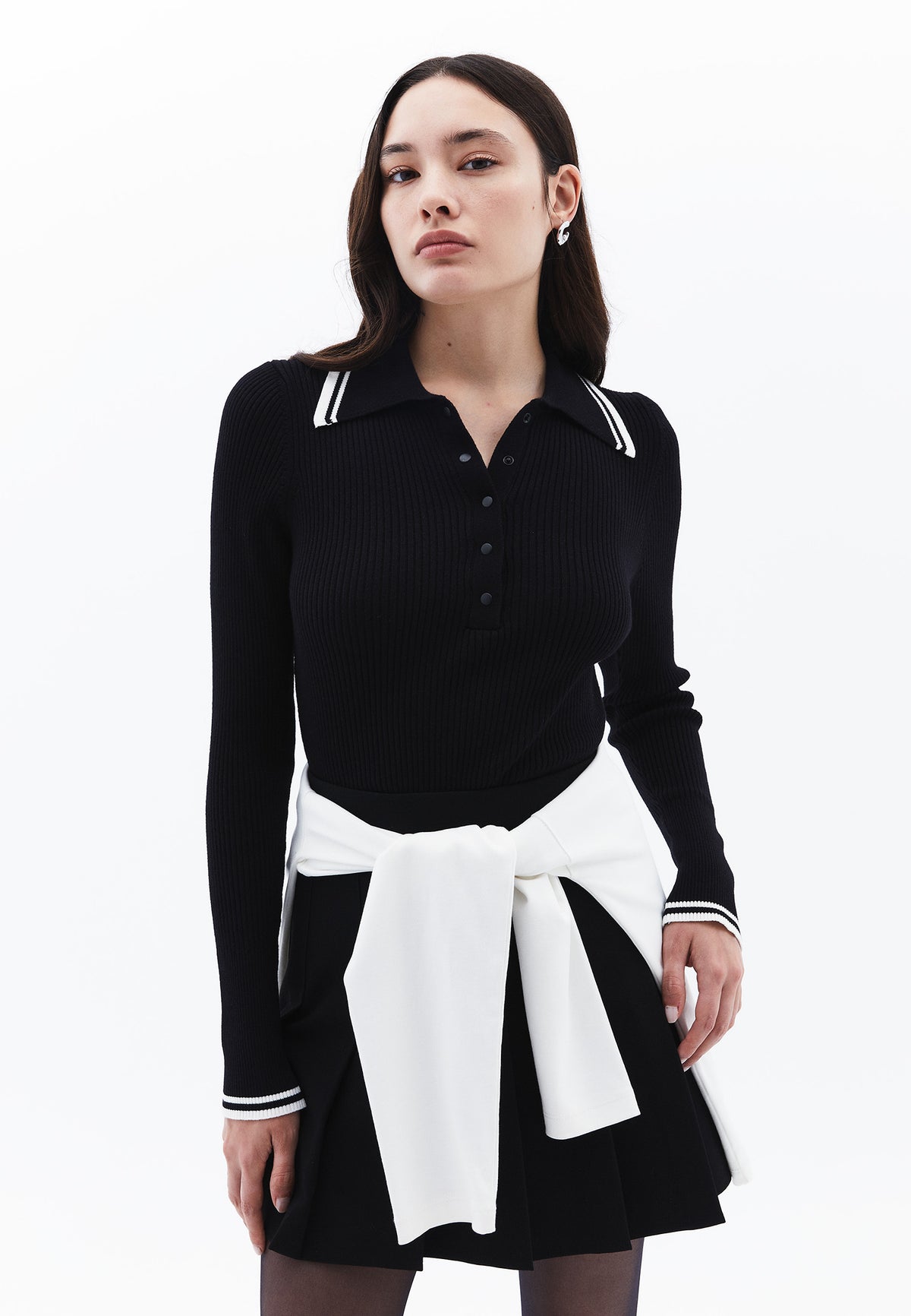 Polo Collar Raglan Sleeve Sweater - BLACK/ICE MILK