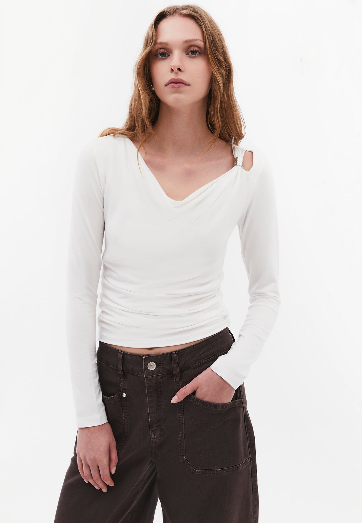 Draped Neck Long Sleeve Blouse - ICE MILK