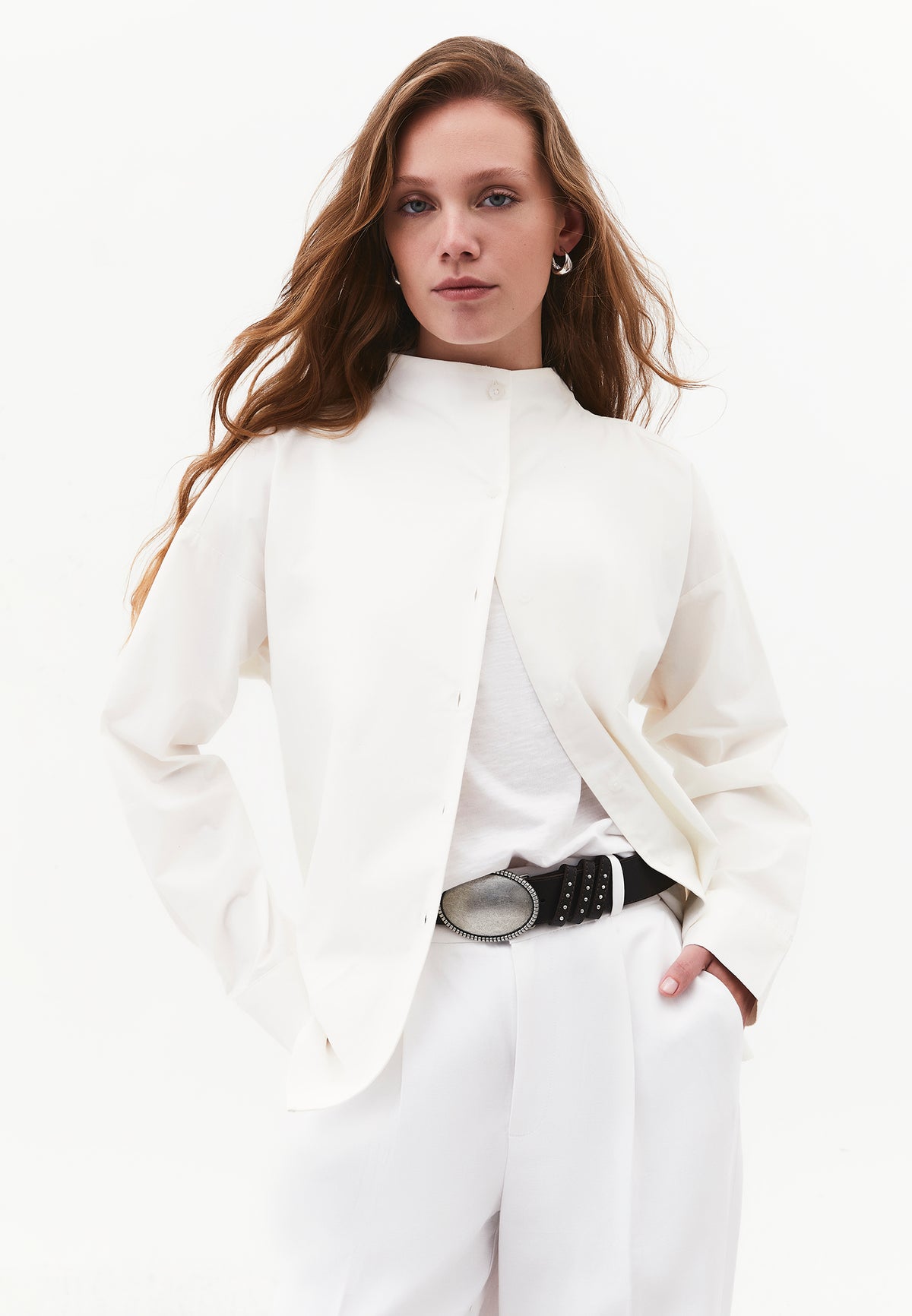 Shirt with Mandarin Collar, Long Sleeves and Buttons - ICE MILK